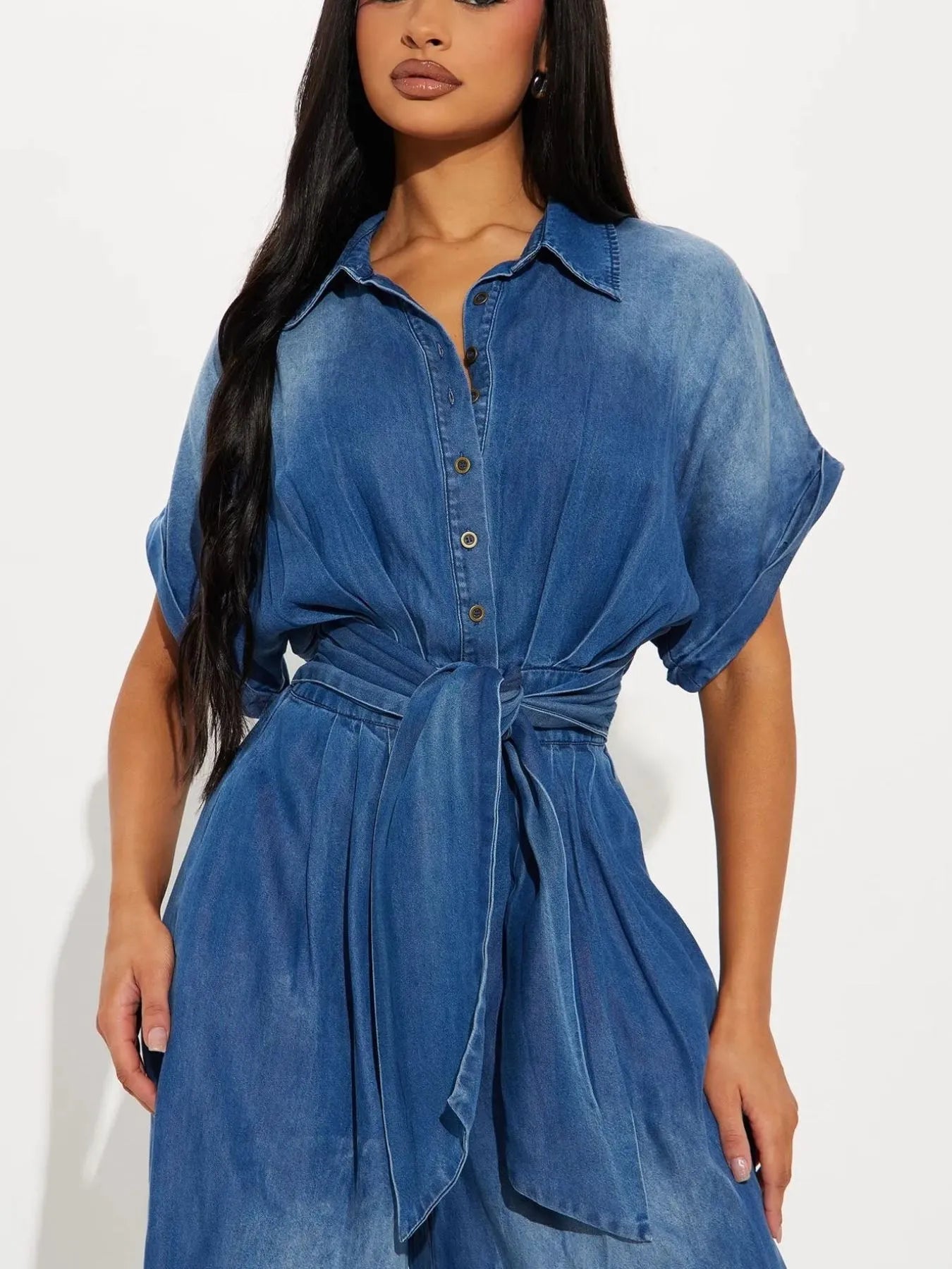 Button Front Wide Leg Denim Jumpsuit