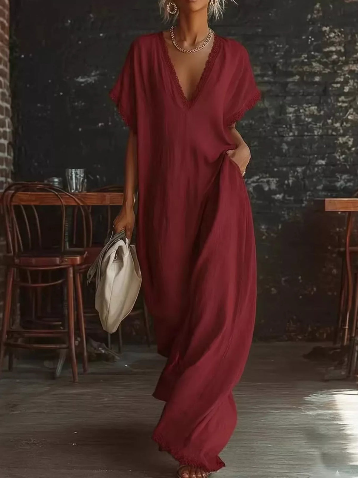 Lace Trim V-Neck Maxi Dress