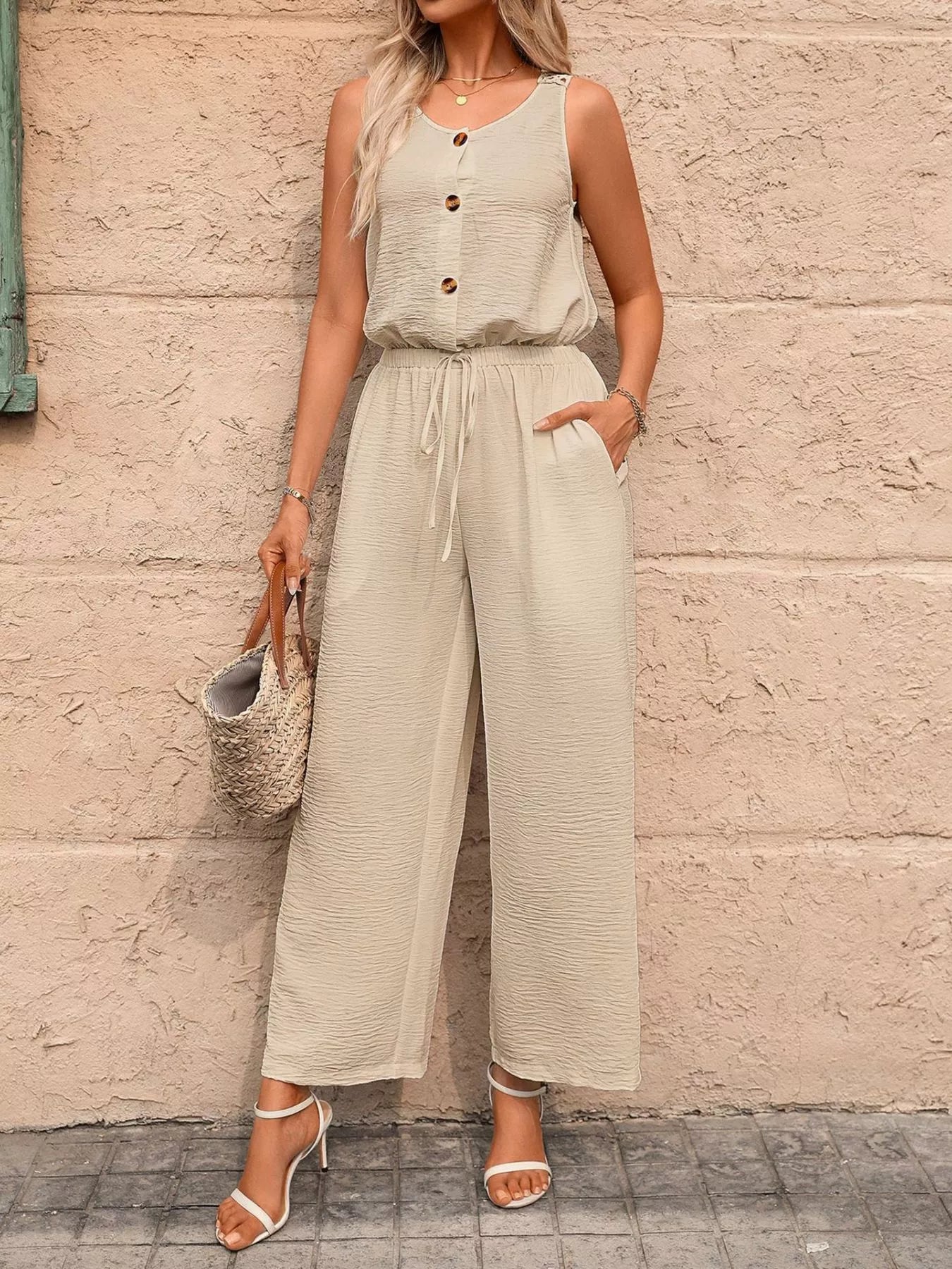 Button-Front Wide-Leg Jumpsuit