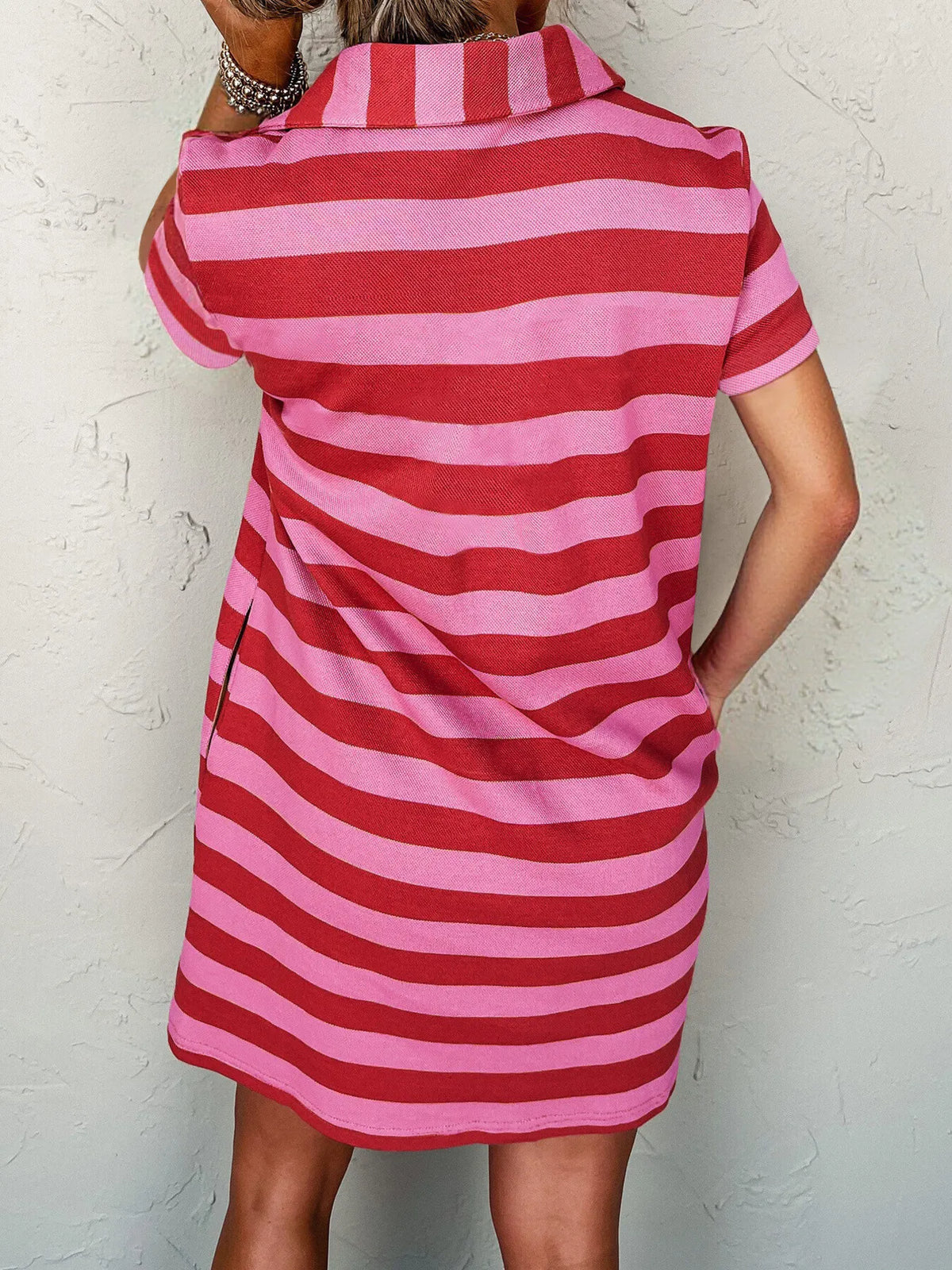 Striped Johnny Collar Short Sleeve Dress in Rose Red