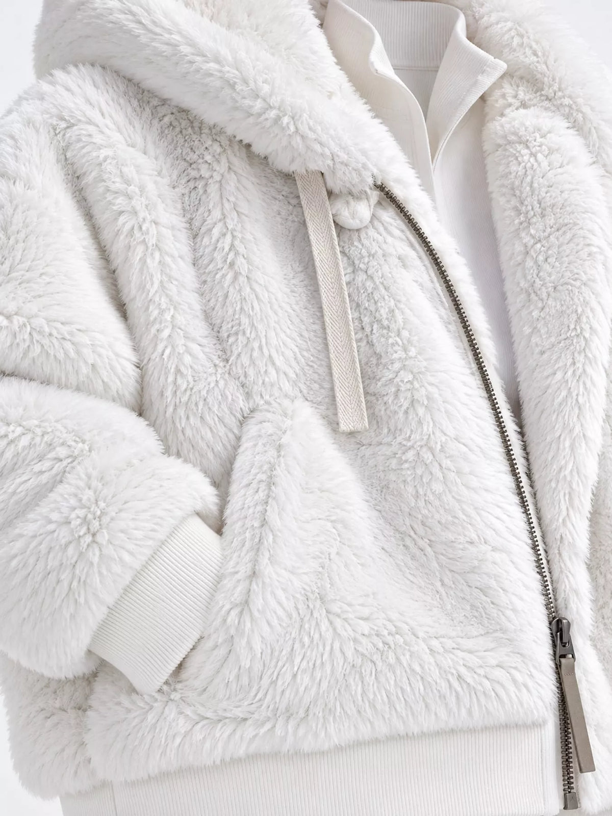 Faux Fur Hooded Zip-Up Jacket in White