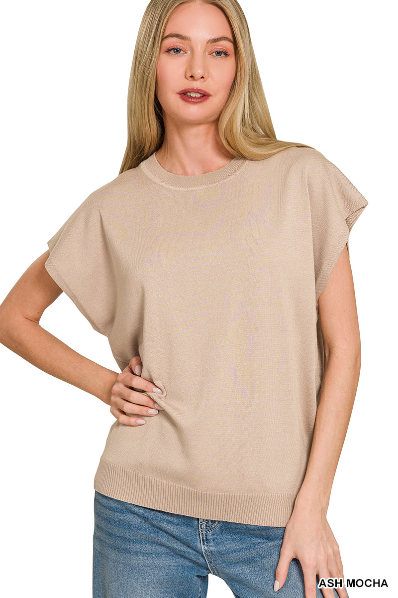 Zenana Round-Neck Flutter Sleeve Sweater in Ash Mocha