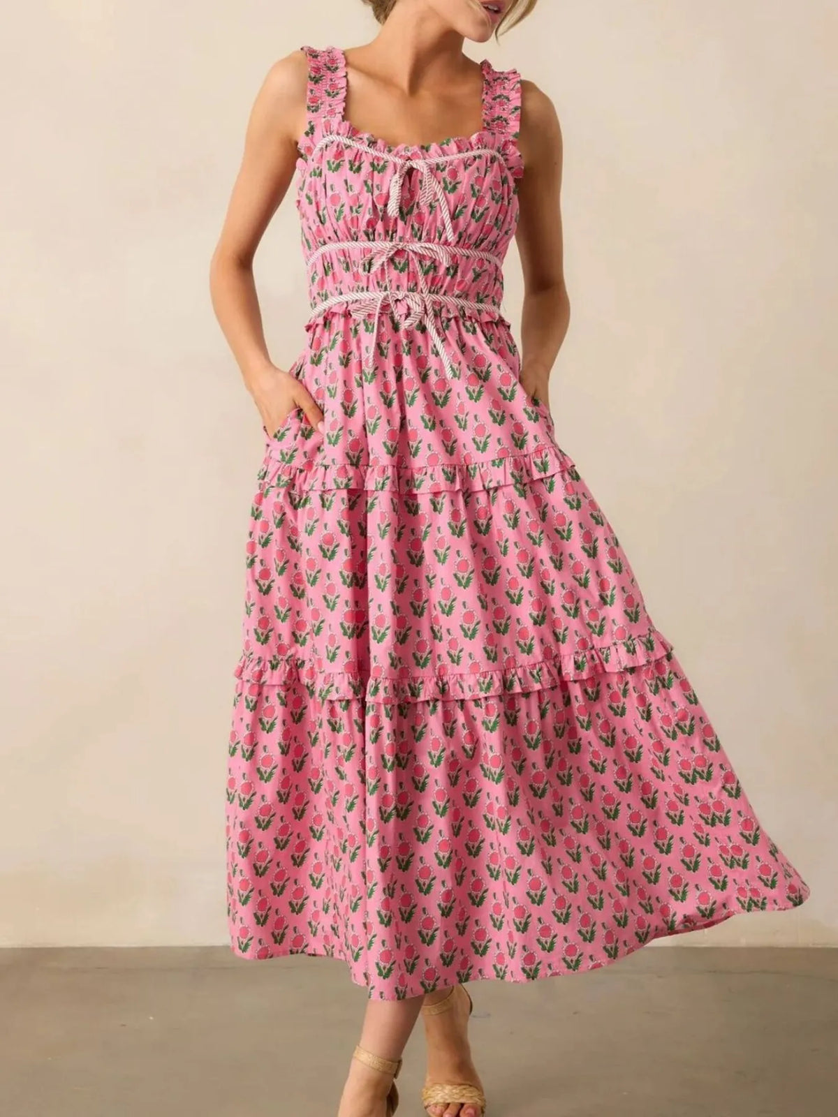 Floral Print Ruffled Midi Dress with Pockets in Pink