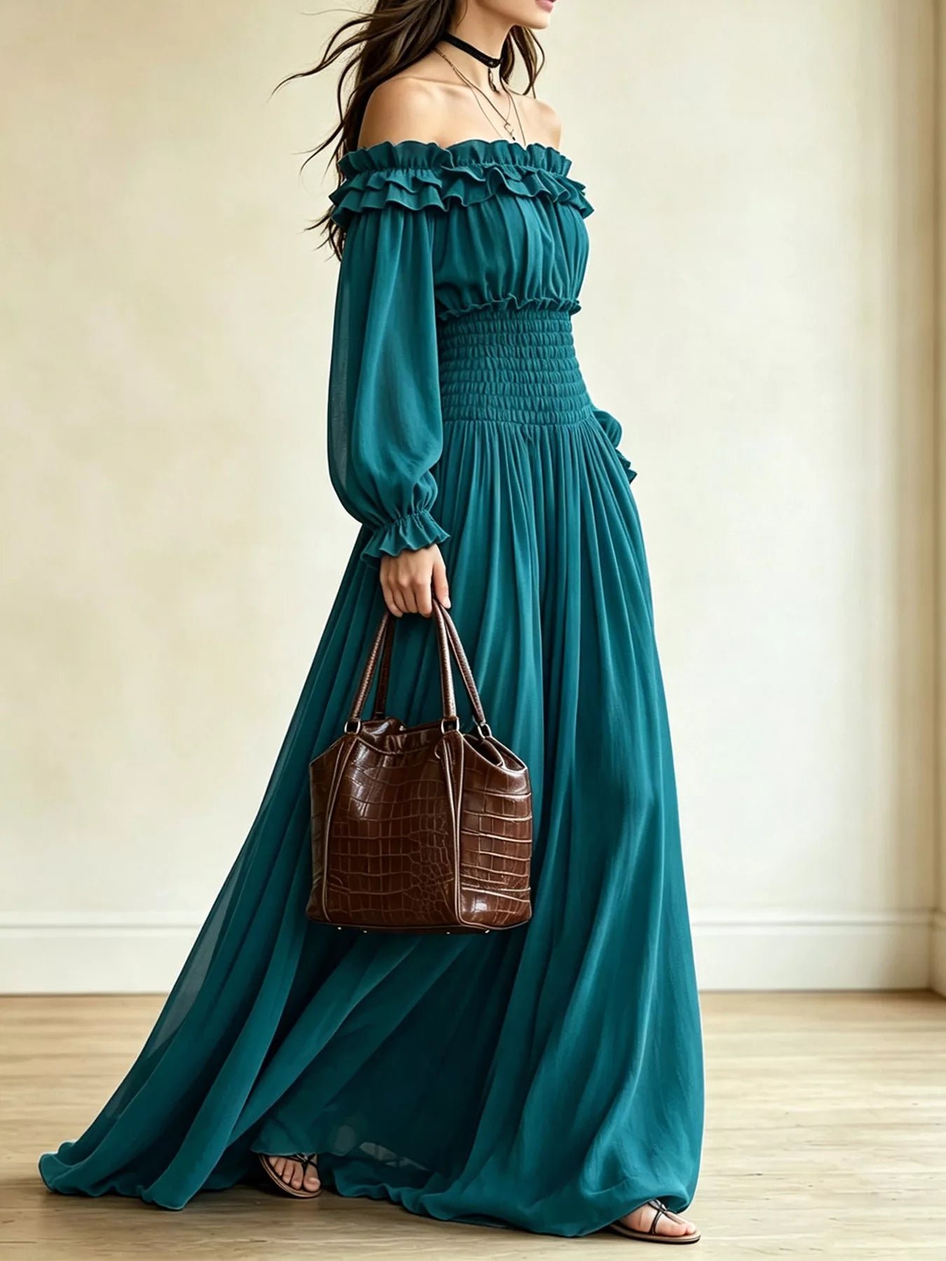 Off-Shoulder Smocked-Waist Maxi Dress