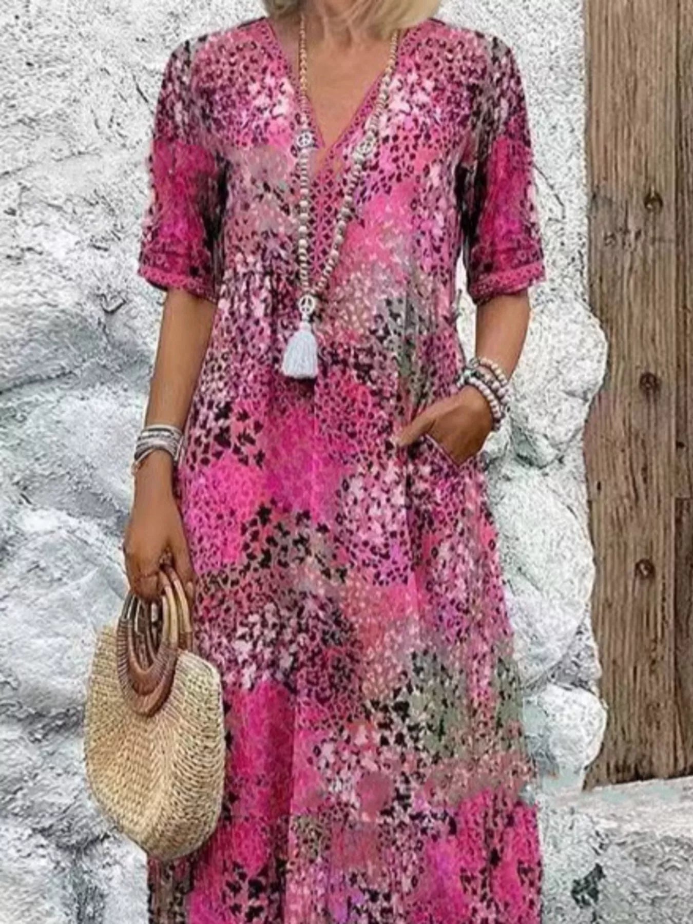 Printed V-Neck Half Sleeve Dress