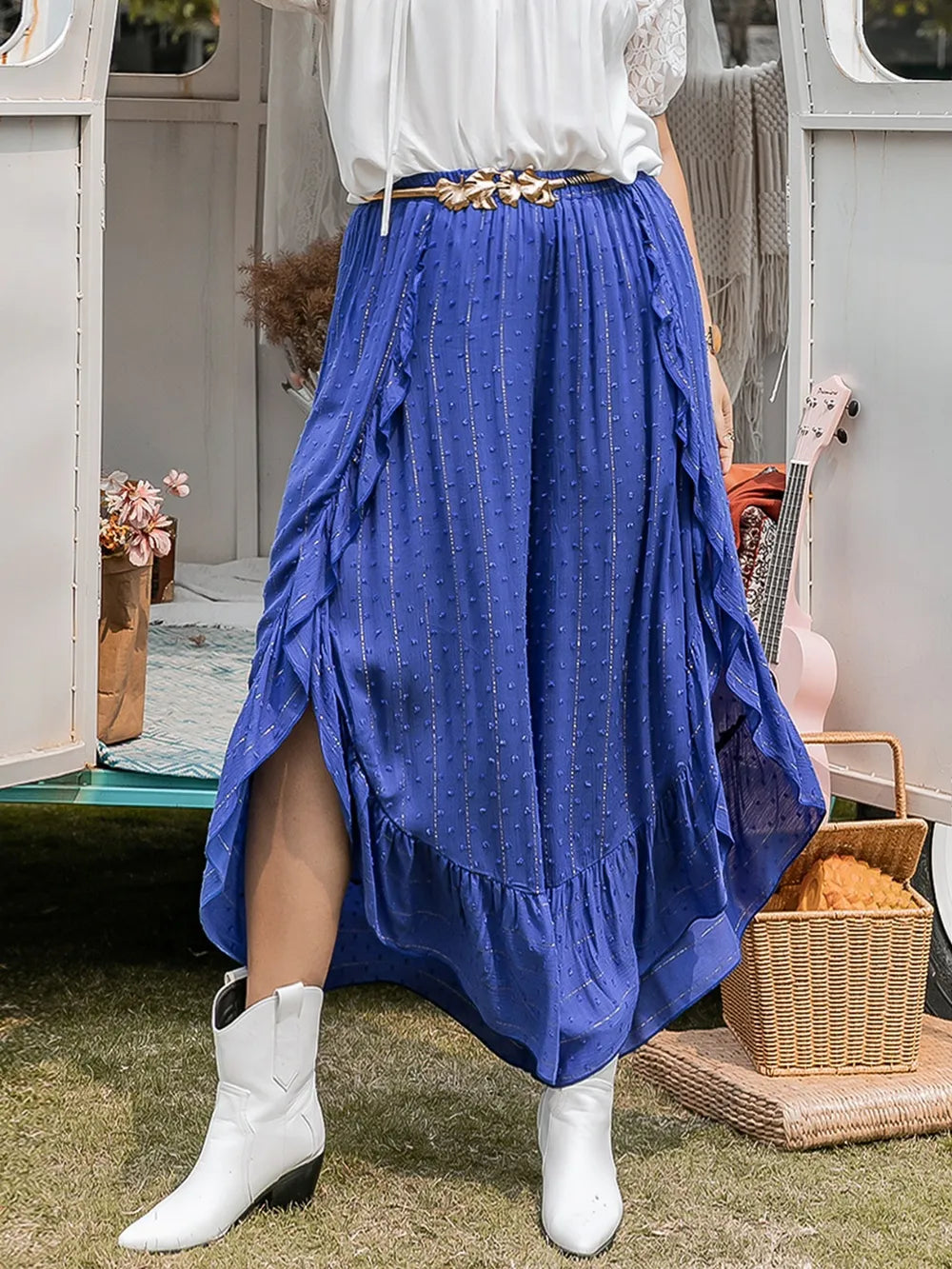 Swiss Dot Ruffled Wide Leg Pants in Royal Blue
