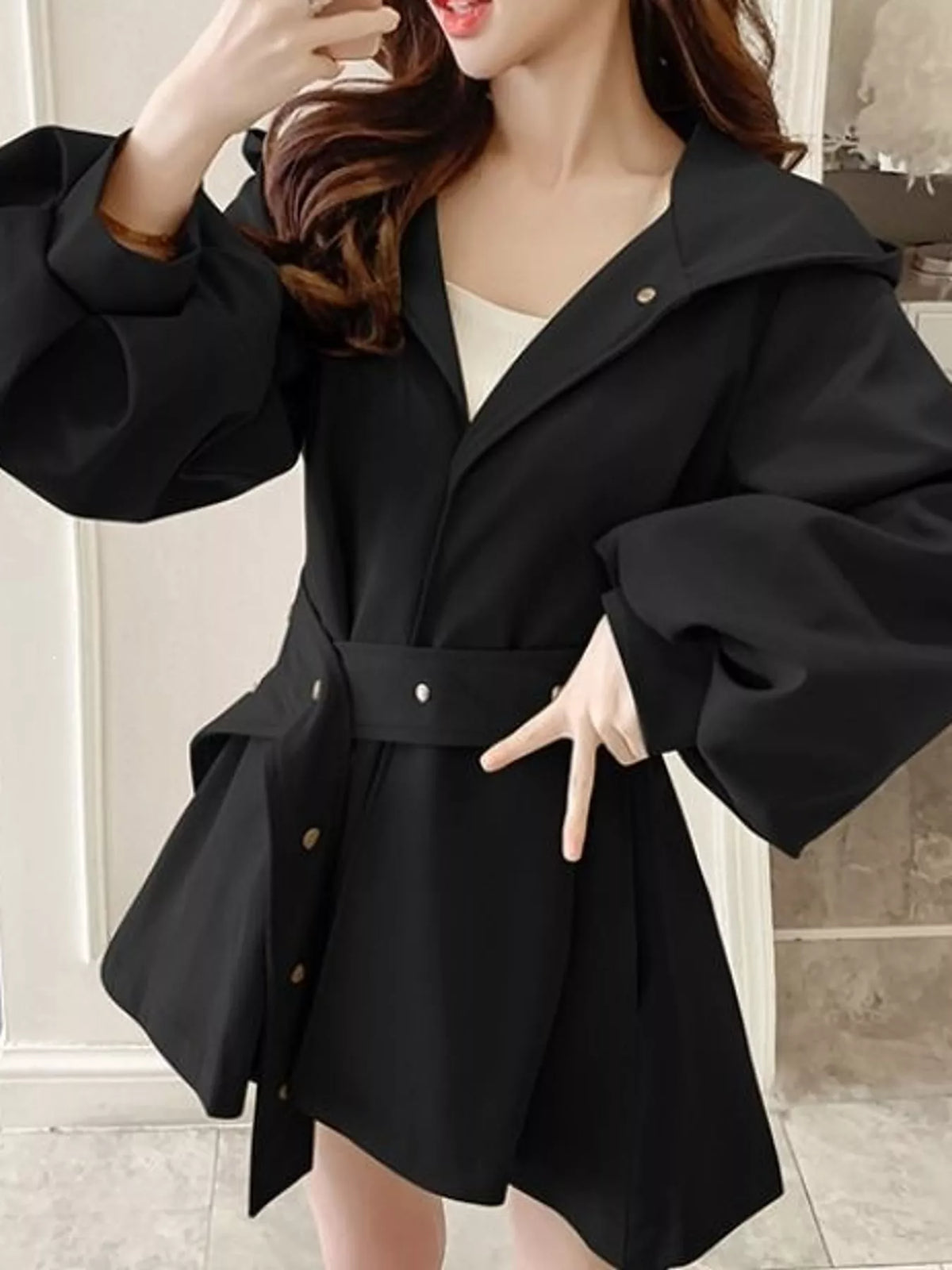 Lantern Sleeve Hooded Jacket with Belted Waist
