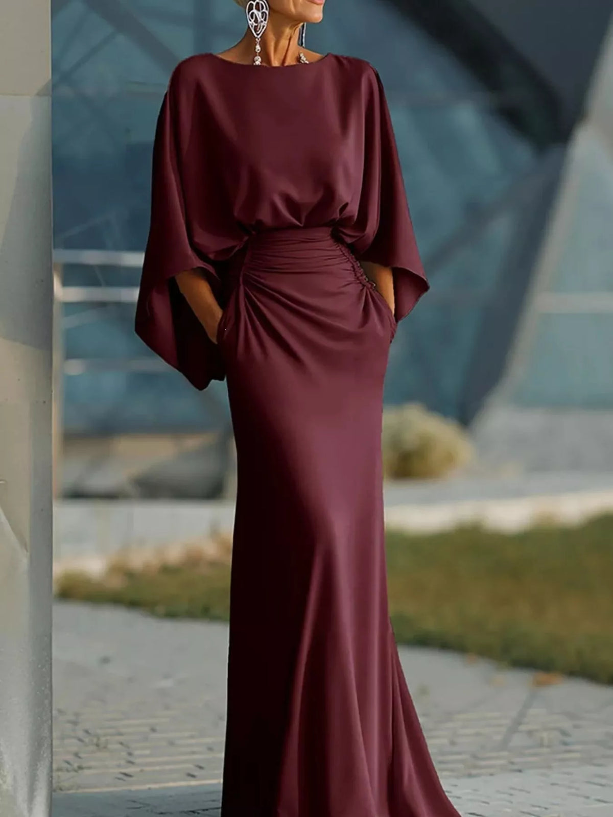 Ruched Batwing Sleeve Maxi Dress