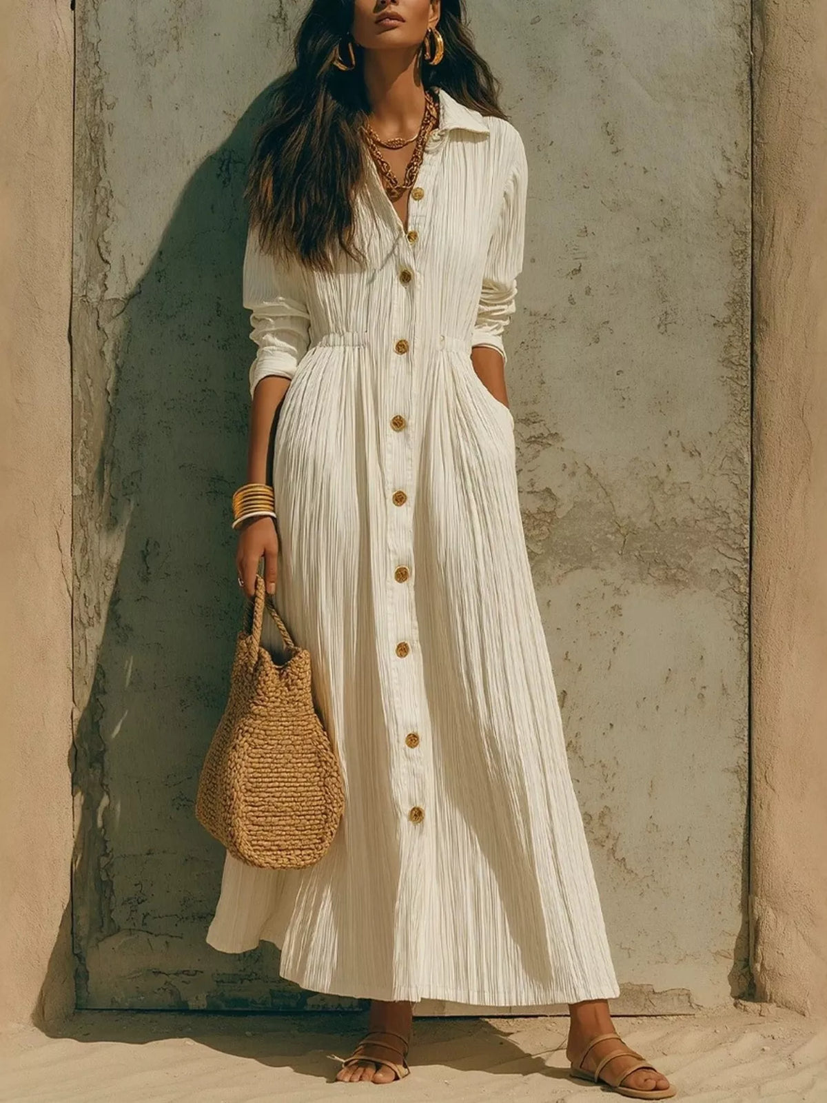 Textured Button Front Long Sleeve Maxi Dress