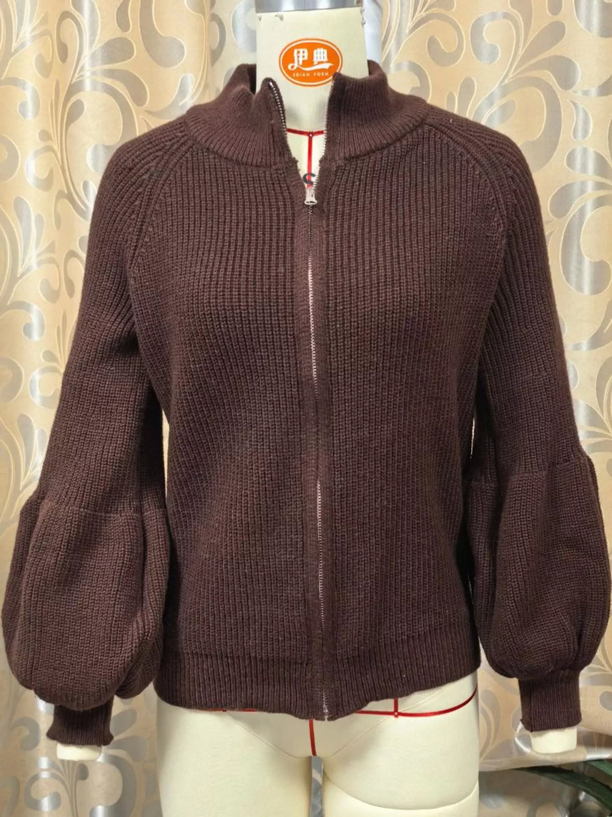 Ribbed Knit Zip-Up Cardigan with Lantern Sleeves