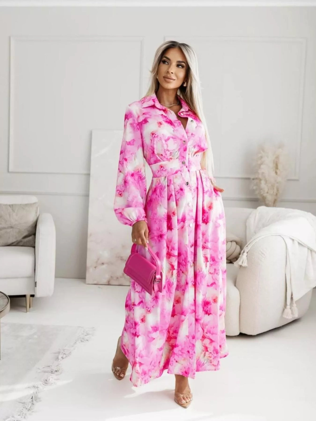 Printed Button-Front Maxi Shirt Dress