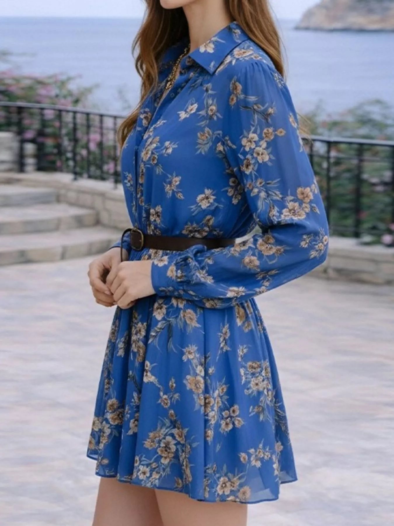 Floral Print Long Sleeve Shirt Dress