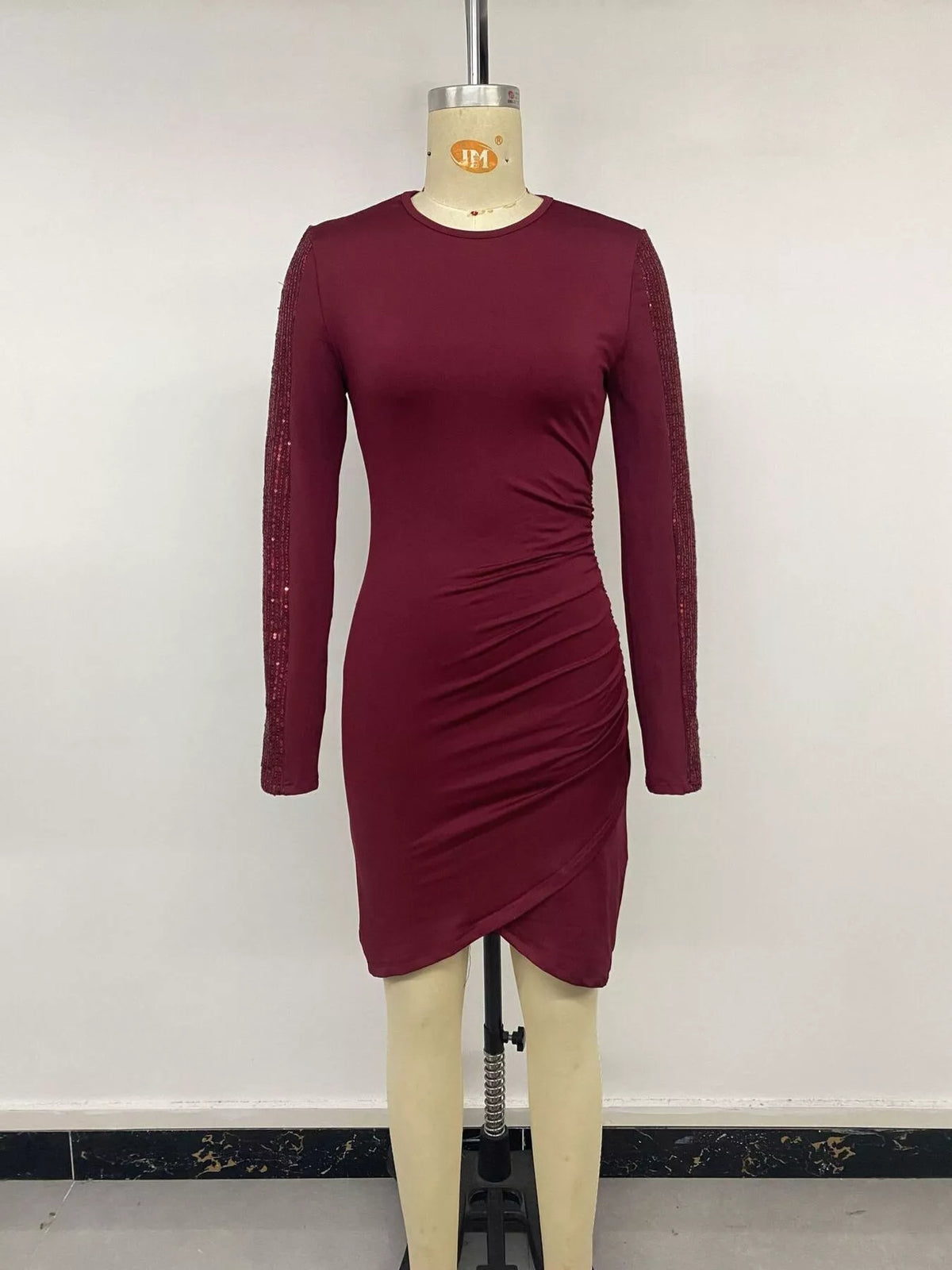 Sequin-Trim Bodycon Dress in Burgundy