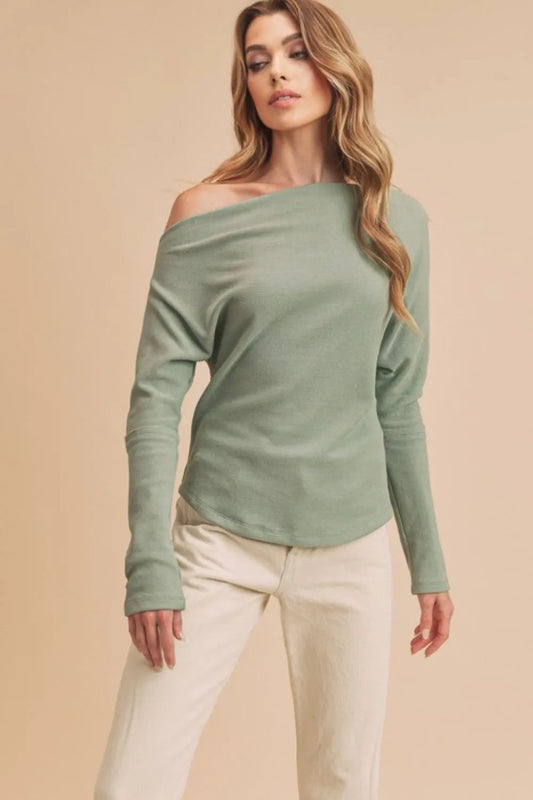 One-Shoulder Long Sleeve Knit Top in Sage
