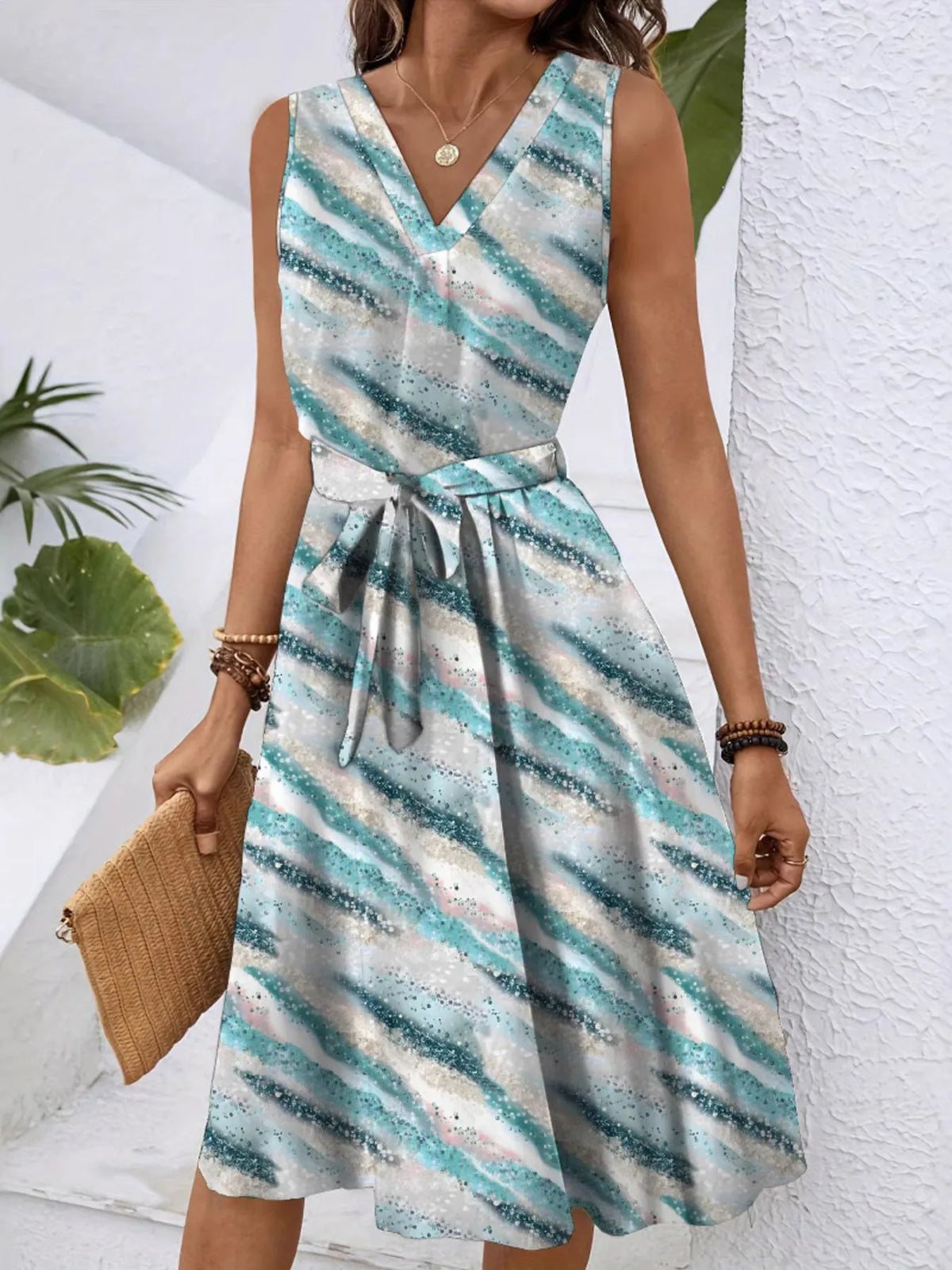 V-Neck Tie-Waist Dress in Light Blue by Classic Comfort