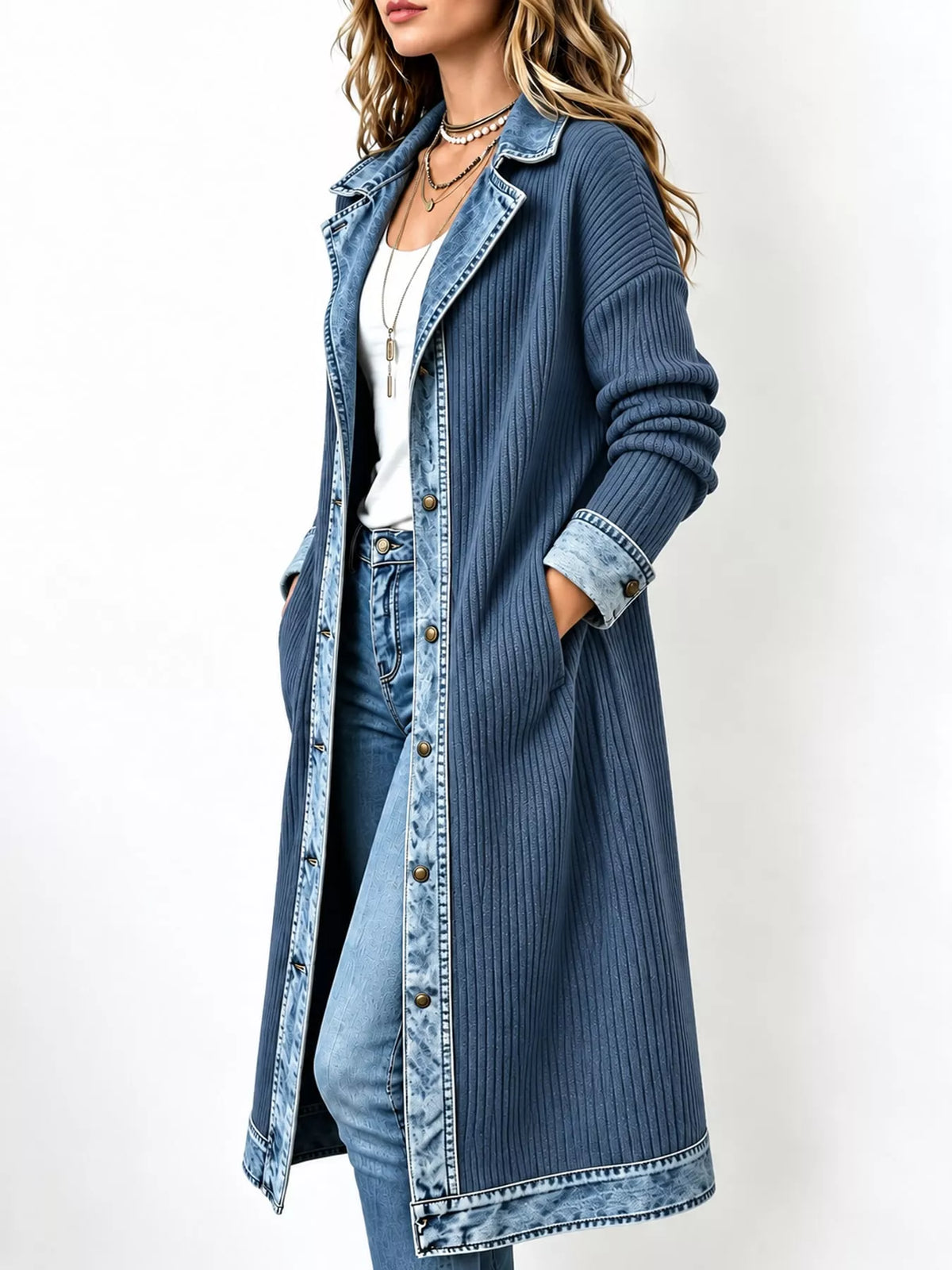 Denim-Trimmed Longline Cardigan