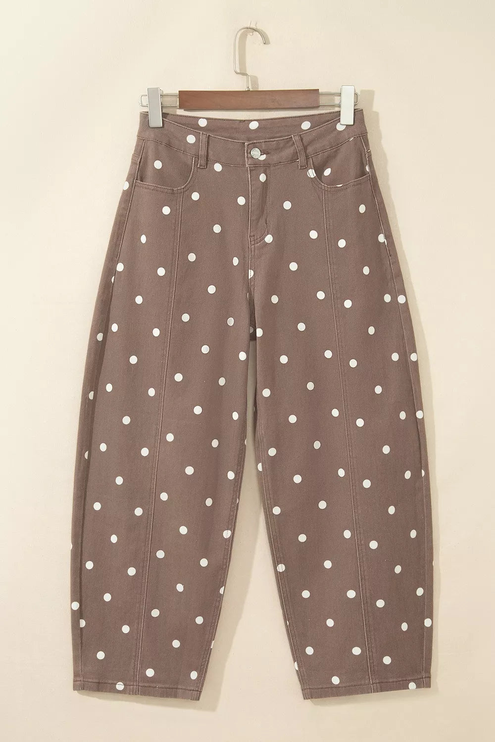 Polka Dot Print Barrel Jeans in Dark Brown