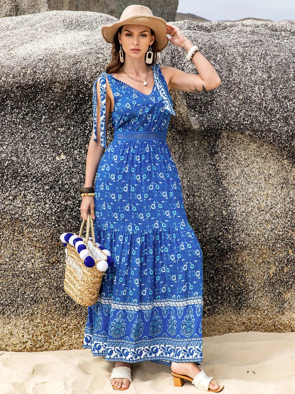 Printed V-Neck Tie-Shoulder Dress in Blue