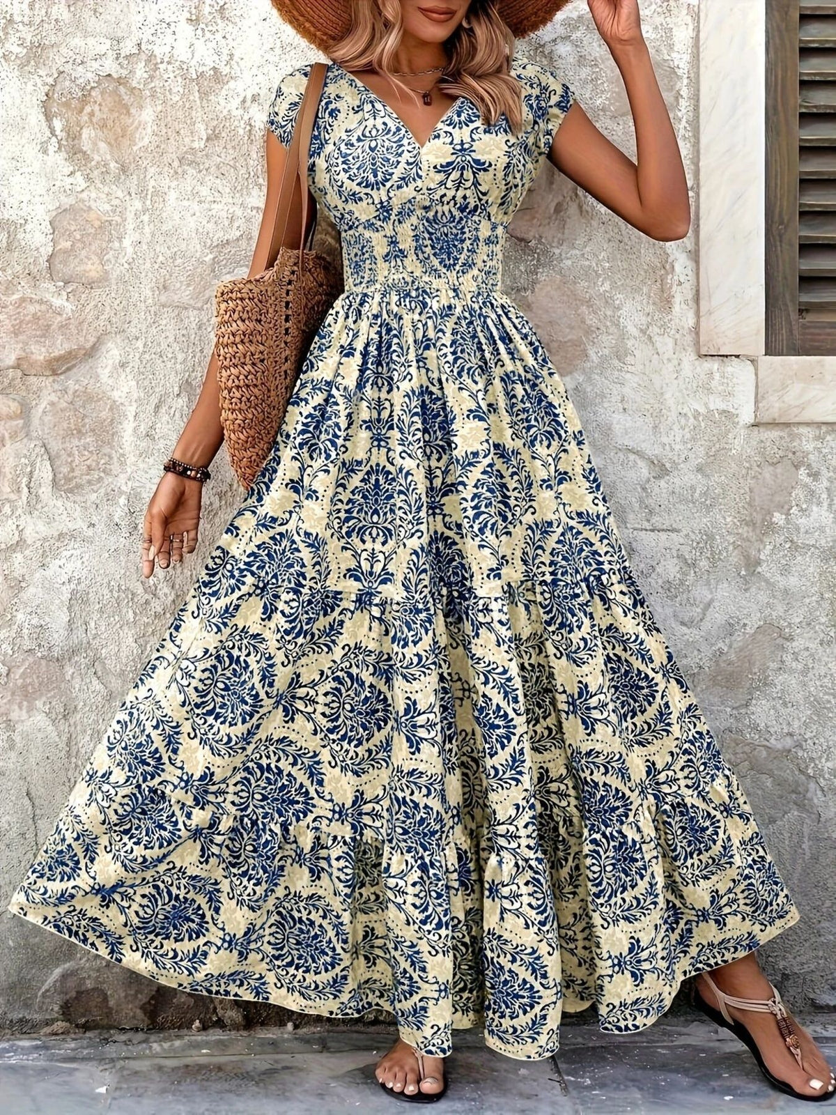 Printed Cap Sleeve Tiered Maxi Dress