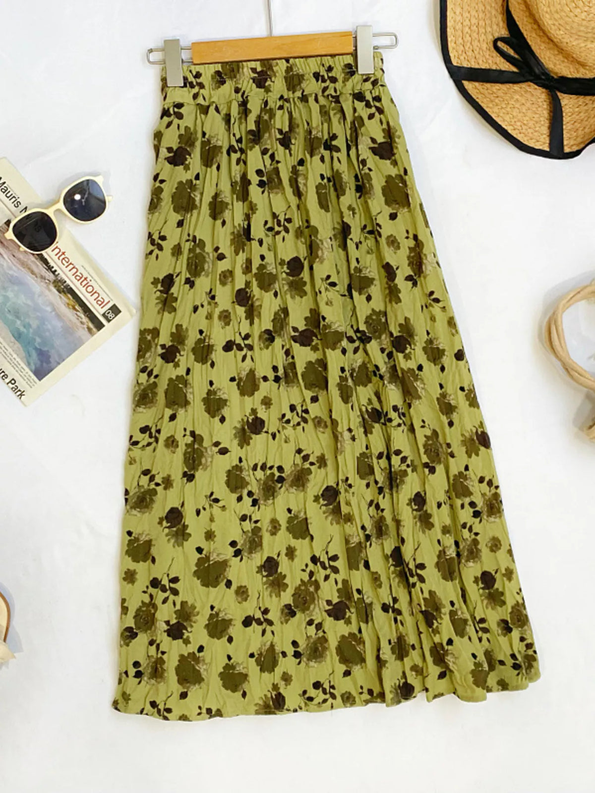 Floral Print Elastic-Waist Midi Skirt