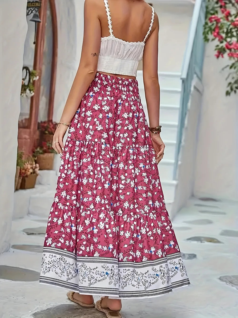 Tiered Printed Elastic-Waist Skirt