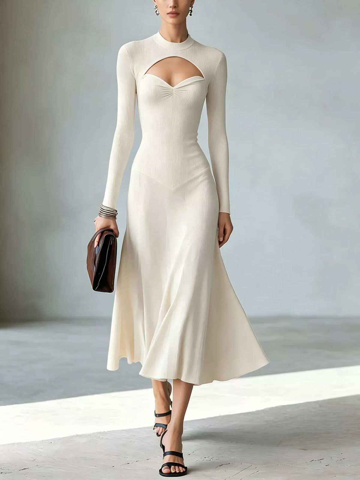 Mock Neck Cut-Out Long Sleeve Midi Dress