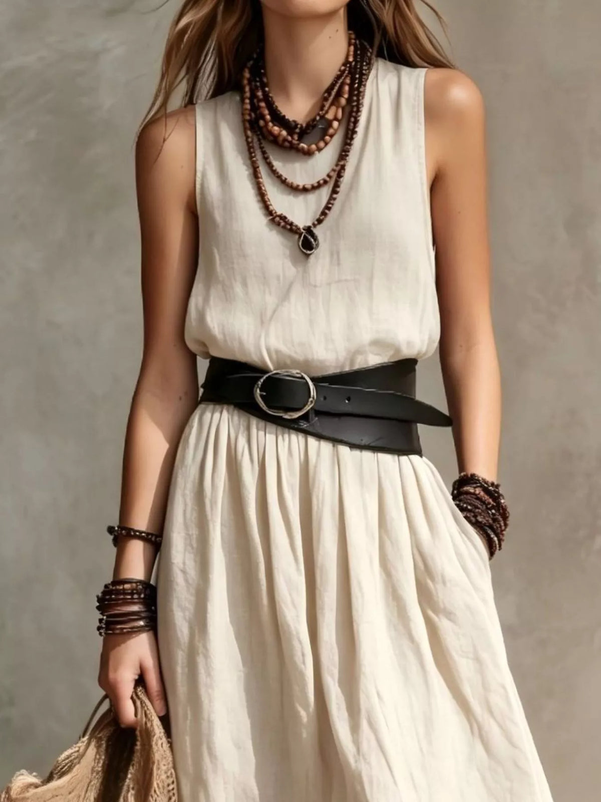 Round Neck Belted Maxi Dress