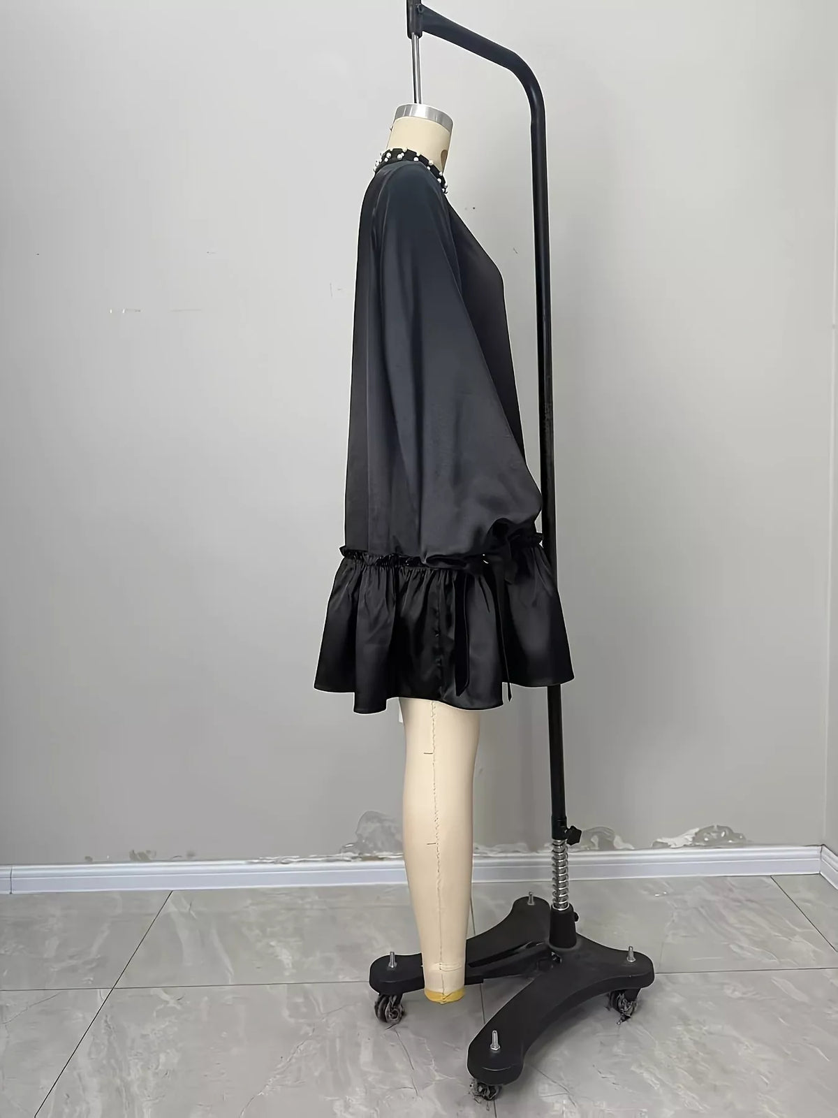 Pearl-Embellished Ruffle Hem Dress in Black