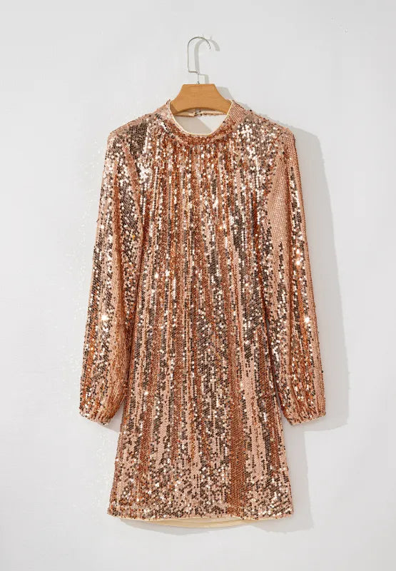 Backless Sequin Mock Neck Dress in Gold