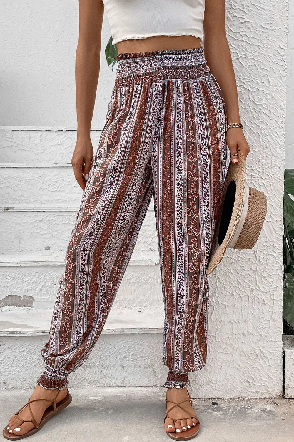 Smocked High-Waist Pants in Multicolor