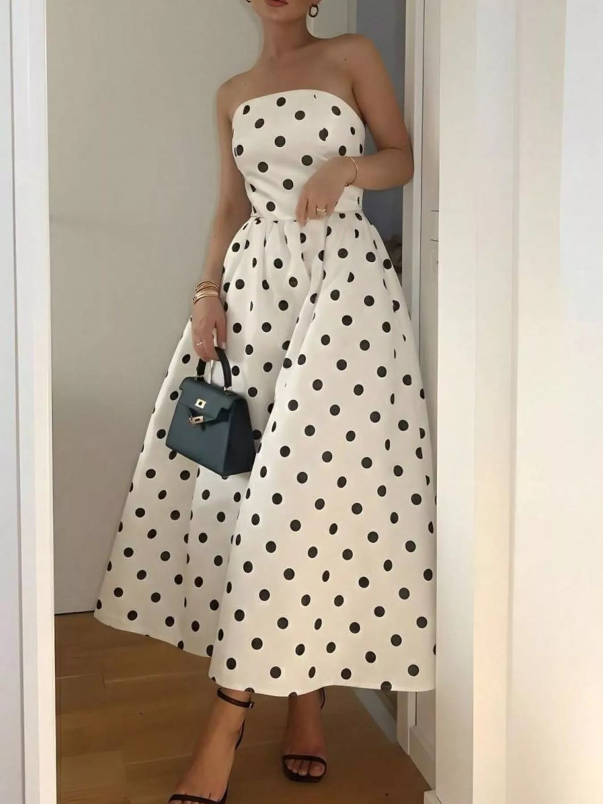 Polka Dot Strapless Midi Dress in Cream
