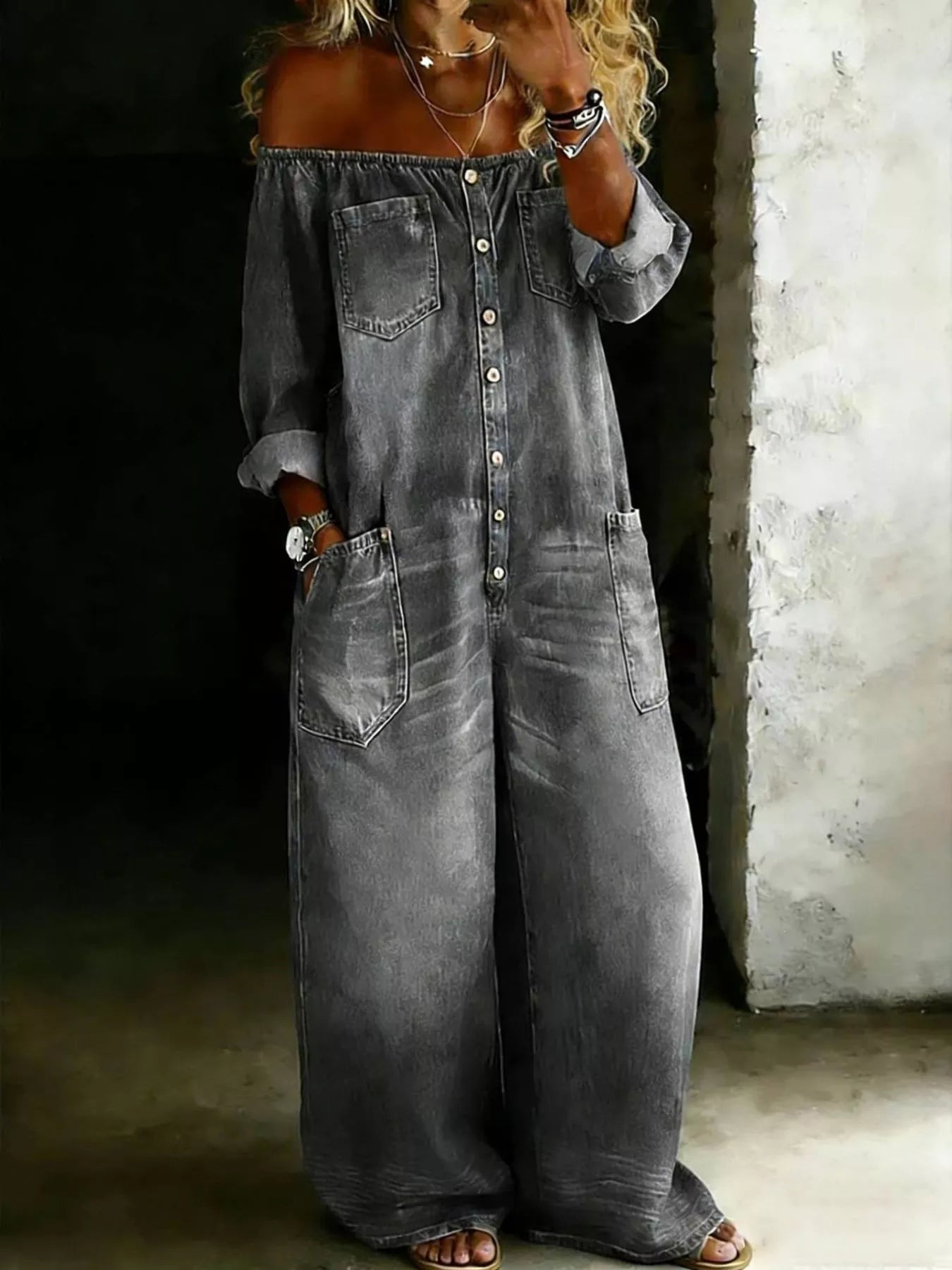 Off-Shoulder Button-Down Wide-Leg Jumpsuit