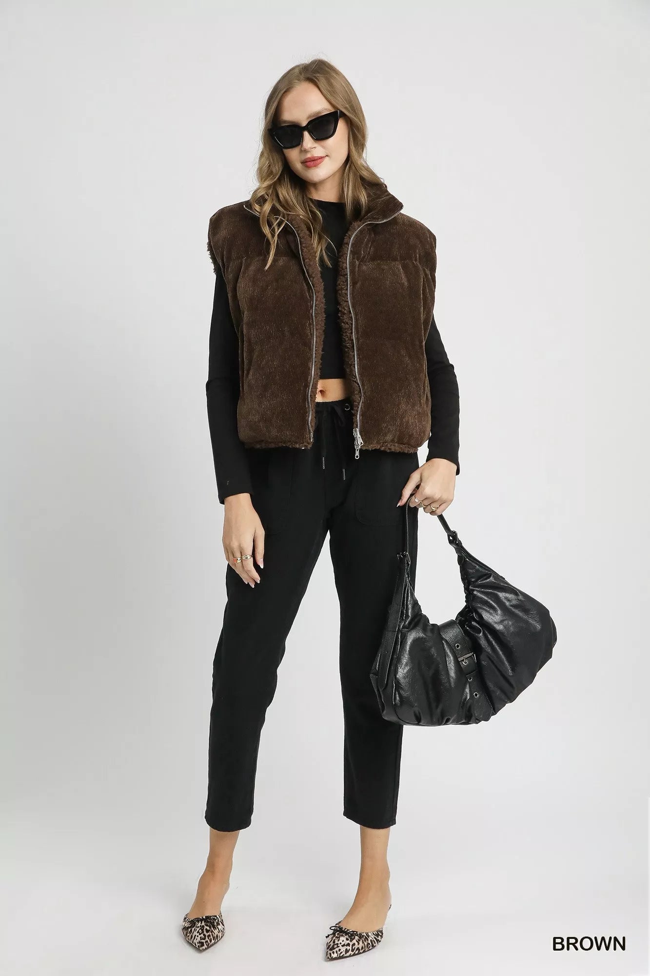 Umgee Sherpa-Lined Zip Vest in Brown