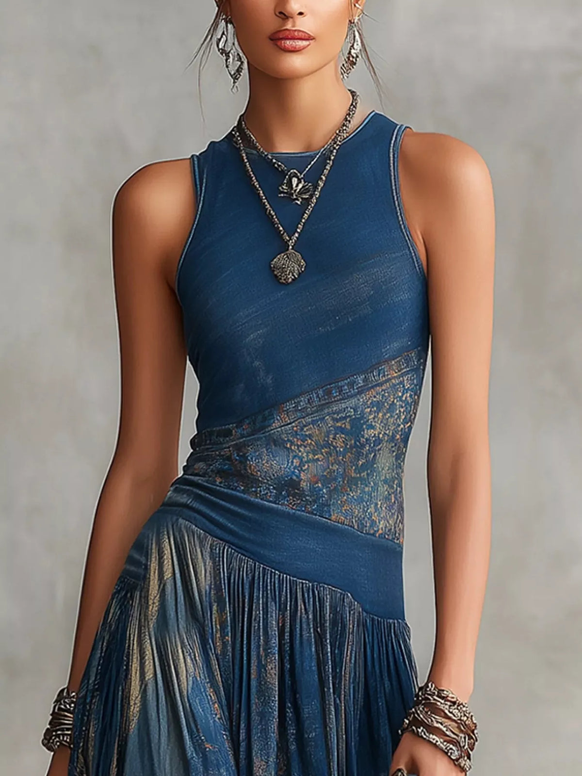Asymmetrical Print Maxi Dress in Dusty Blue by Yvette