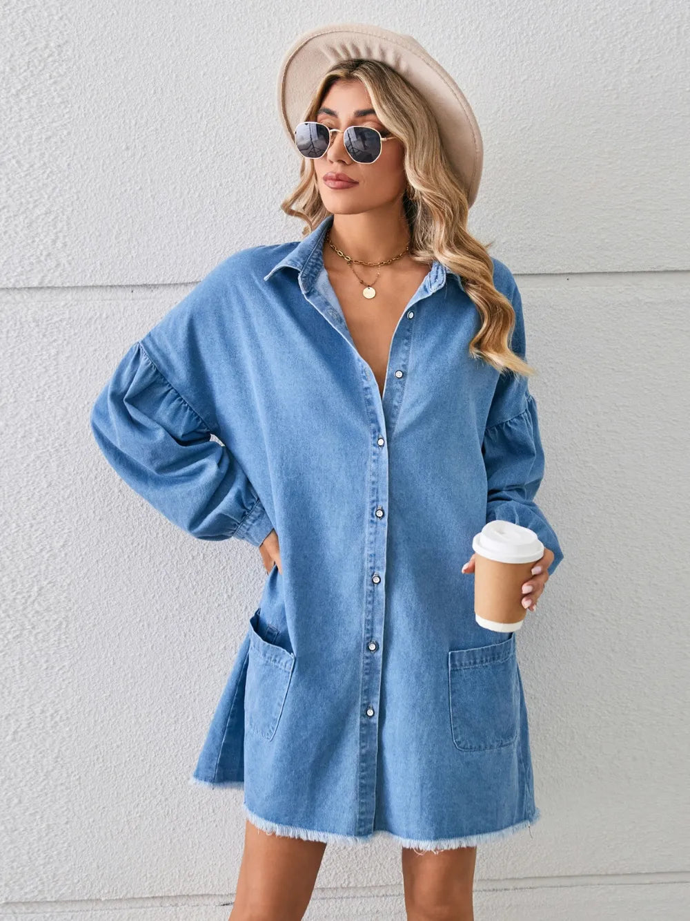 Button-Up Raw-Hem Denim Dress by Manny