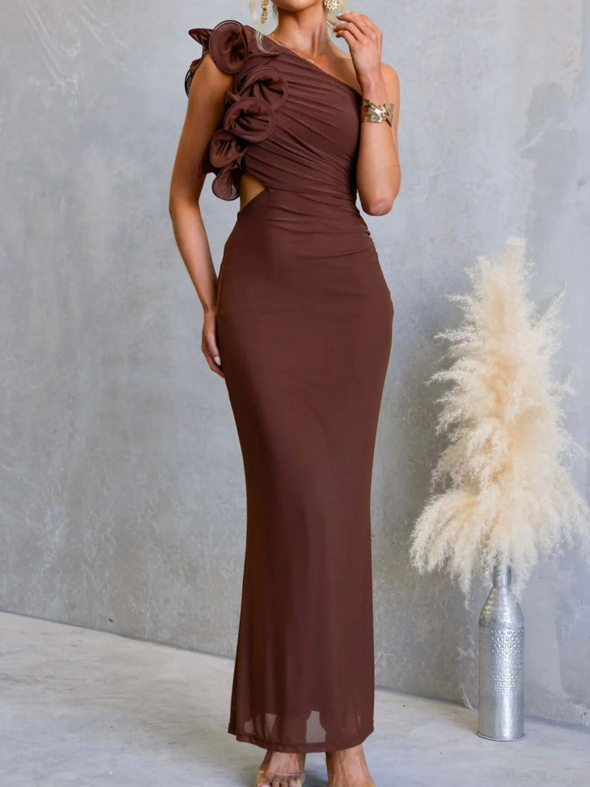 One-Shoulder Floral Trim Maxi Dress