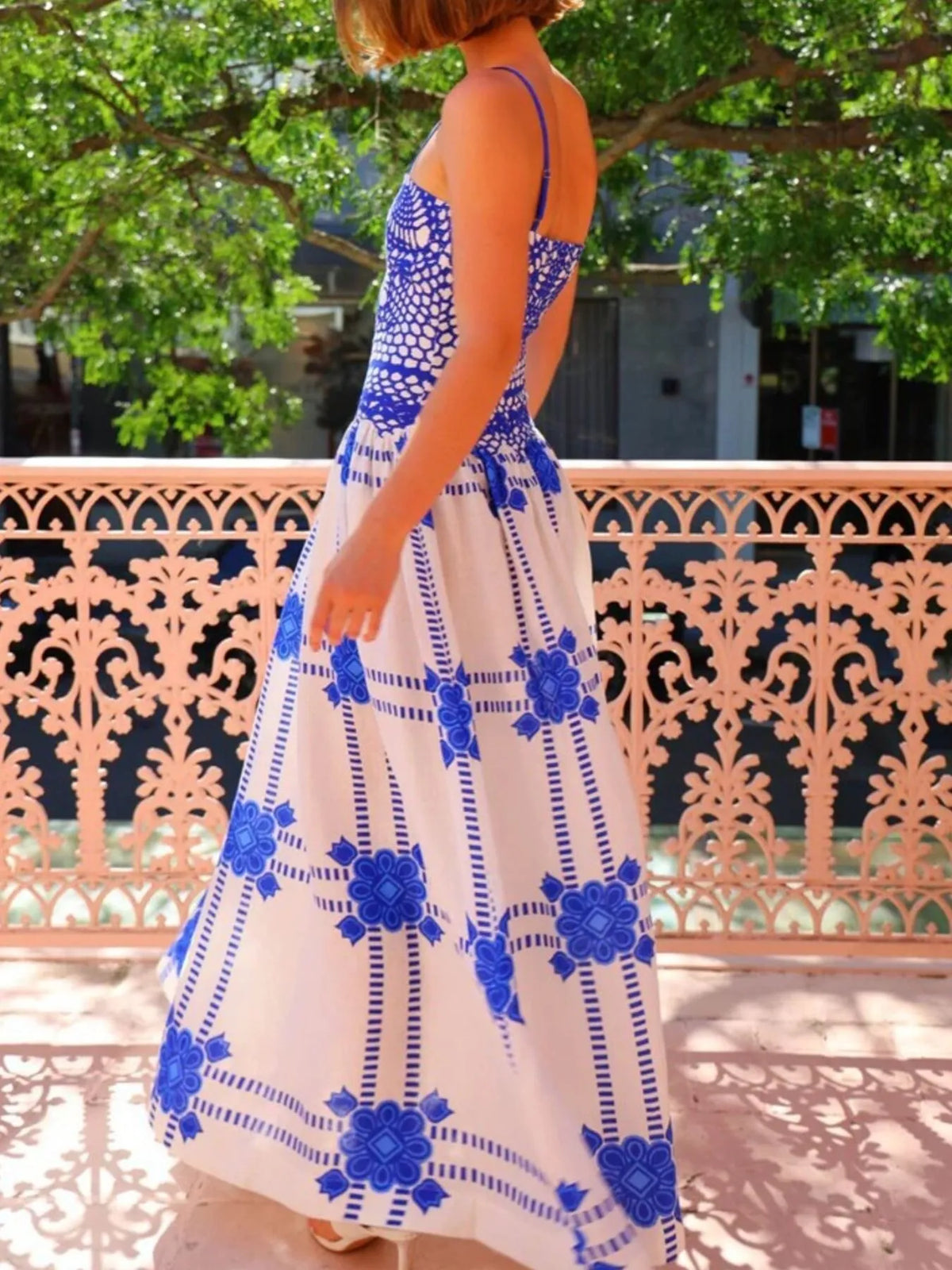 Printed Square Neck Maxi Cami Dress in Blue