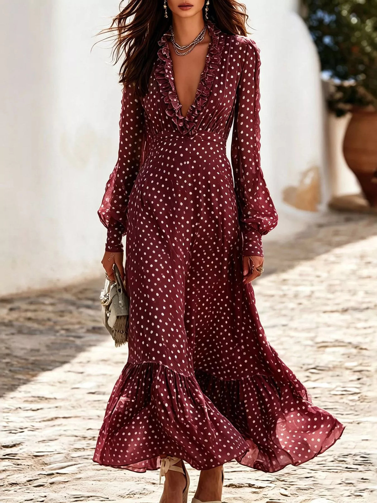 Polka Dot Ruffle V-Neck Maxi Dress