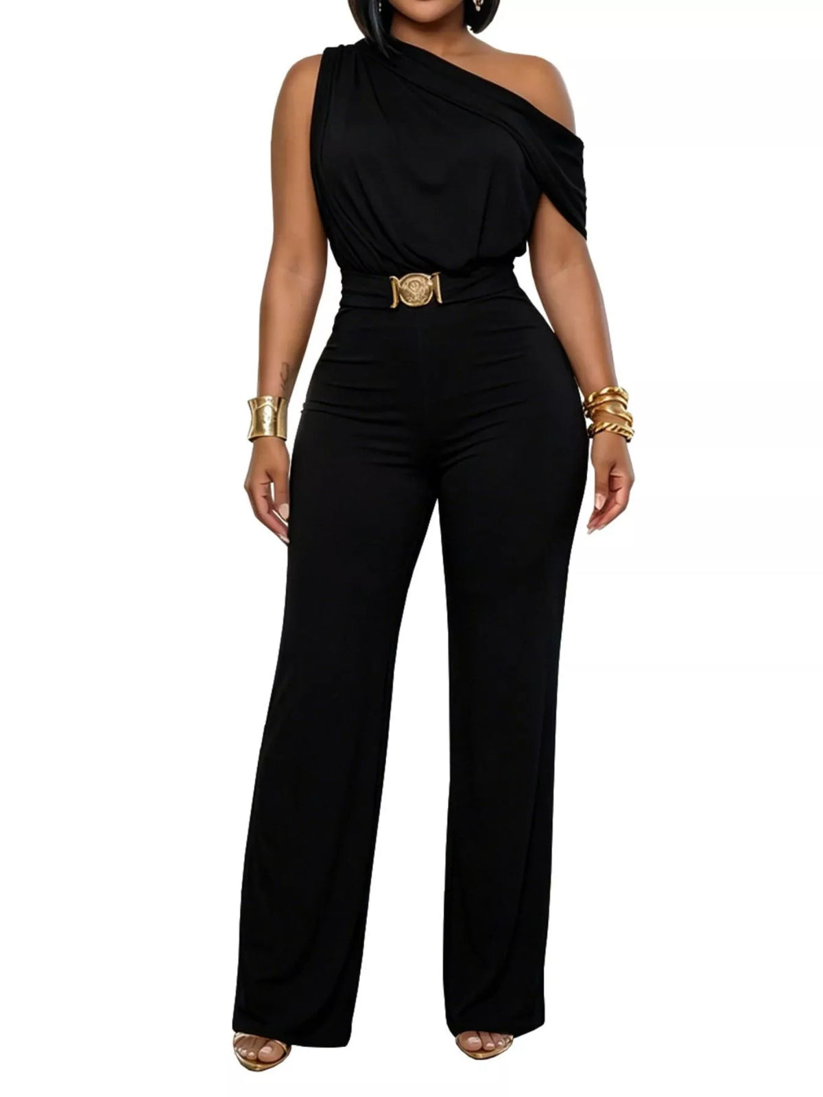 One-Shoulder Draped Wide-Leg Jumpsuit