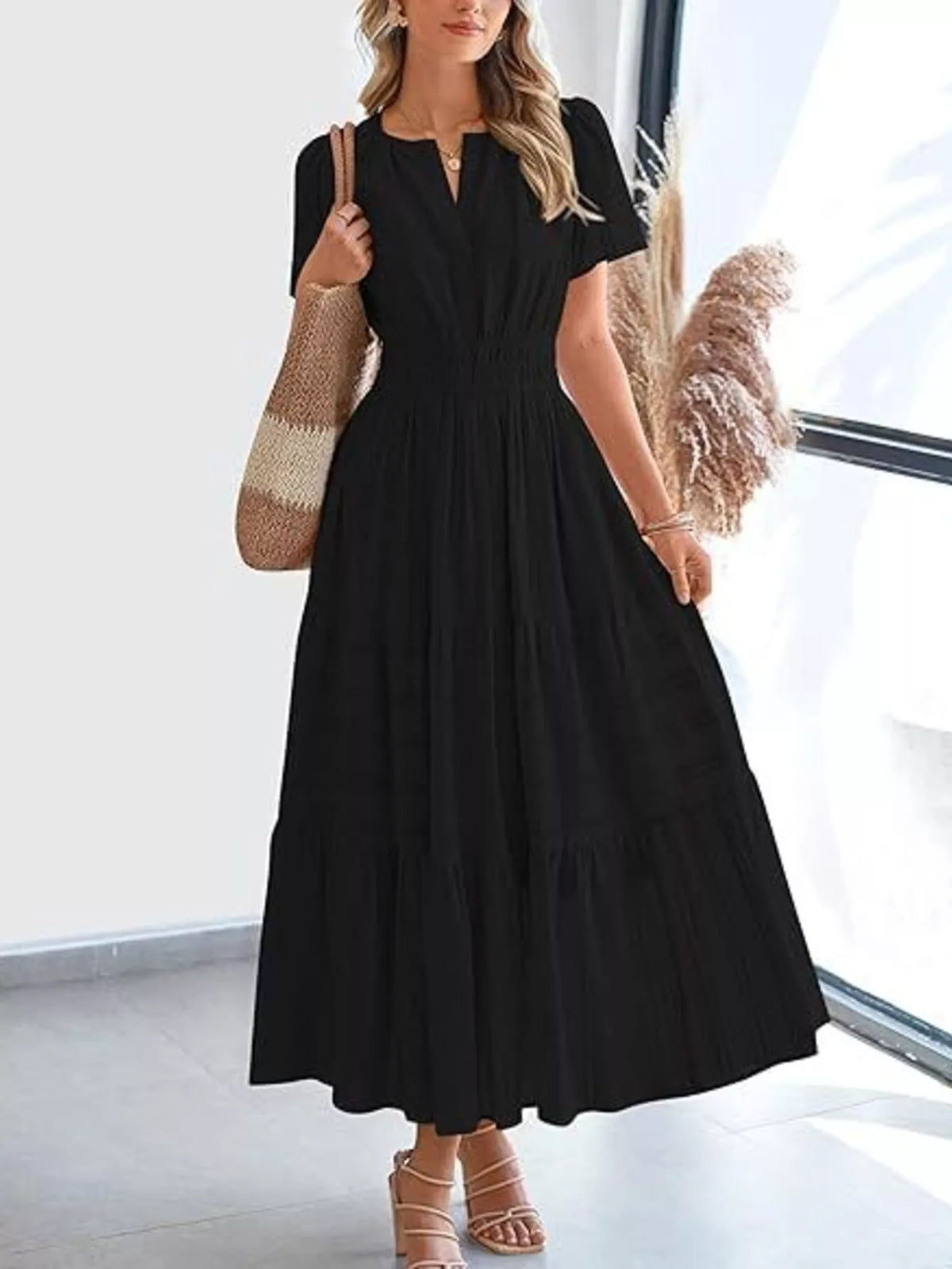 Short Sleeve Tiered Midi Dress with Pockets