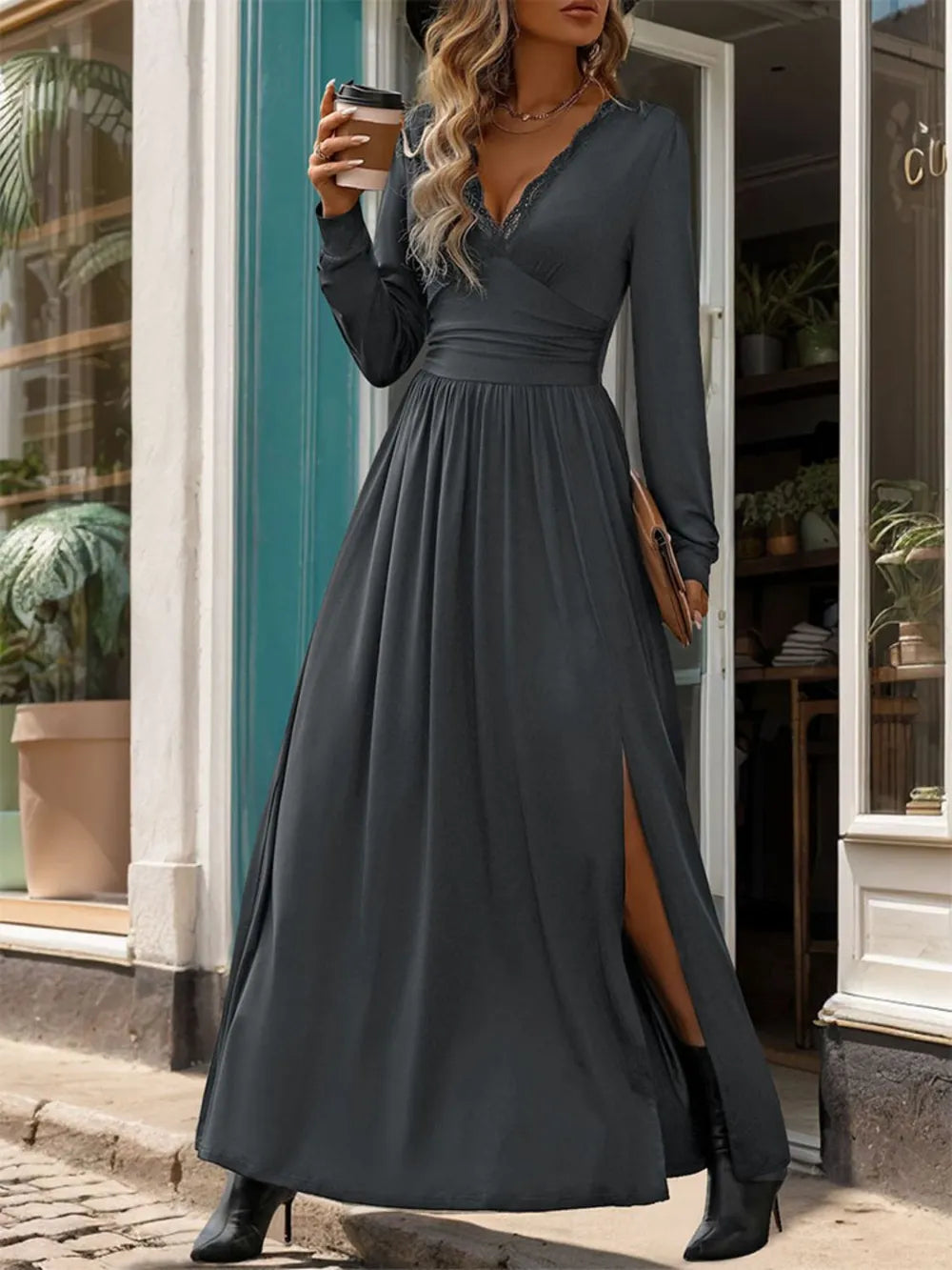 Lace Detail V-Neck Dress in Dark Gray