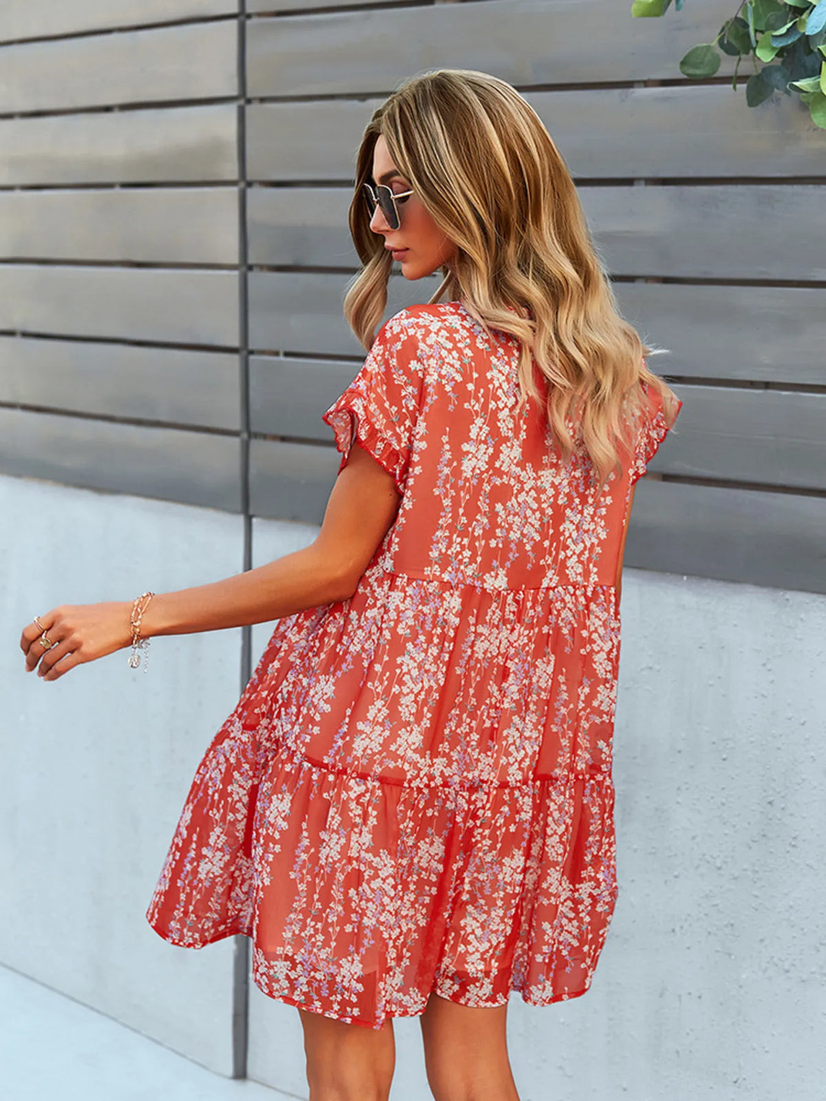 Floral V-Neck Tiered Ruffle Mini Dress by Elaine