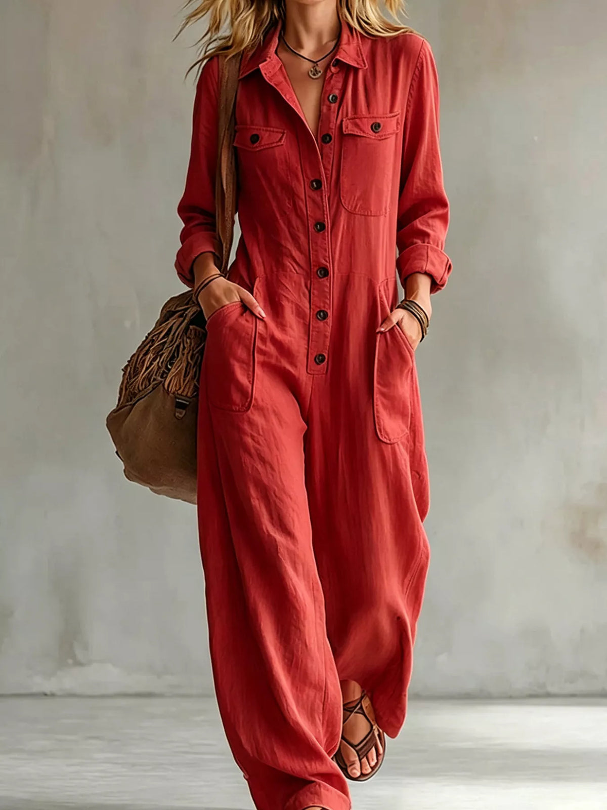 Long Sleeve Button Front Jumpsuit