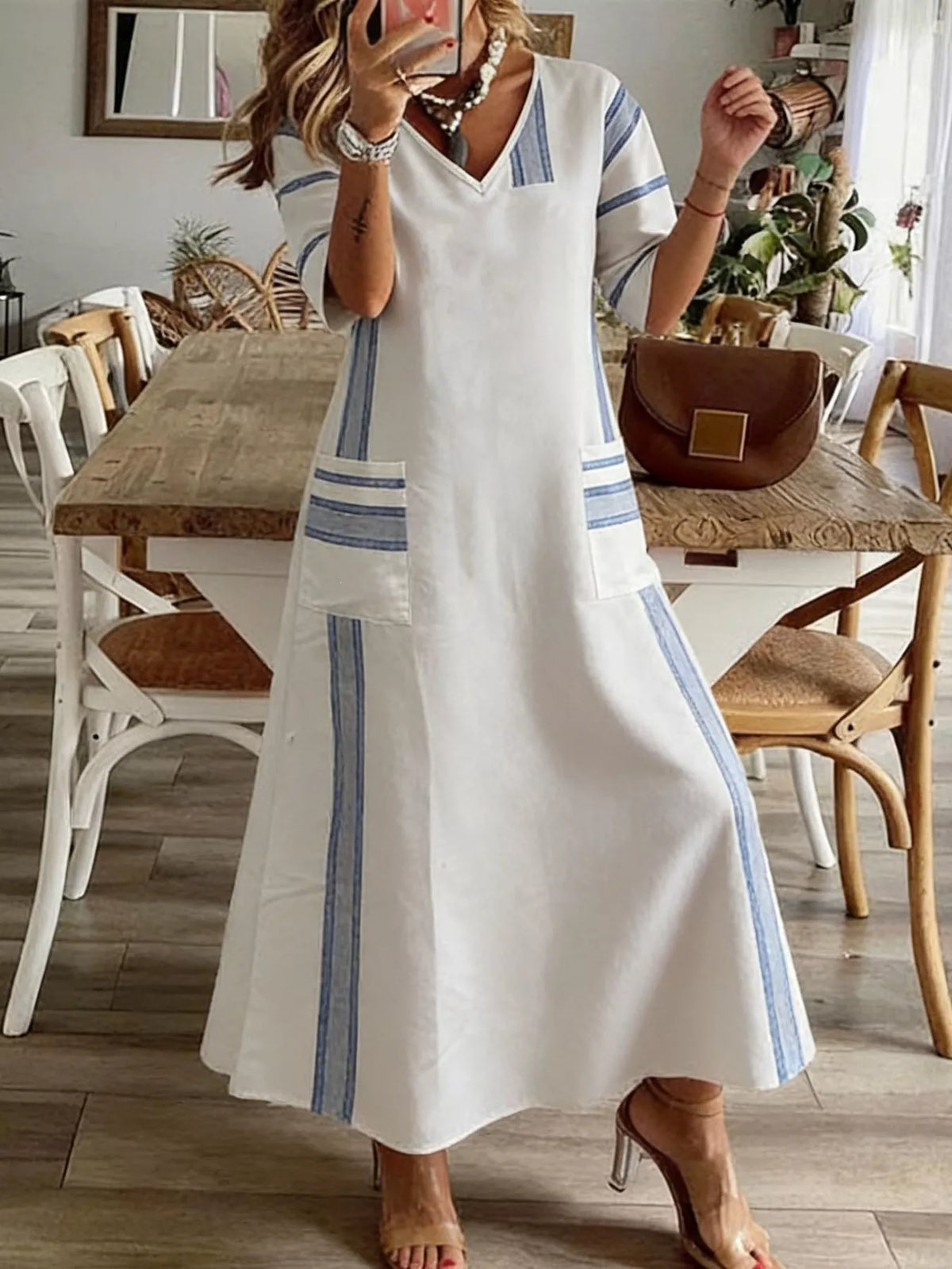 Striped V-Neck Maxi Dress in White