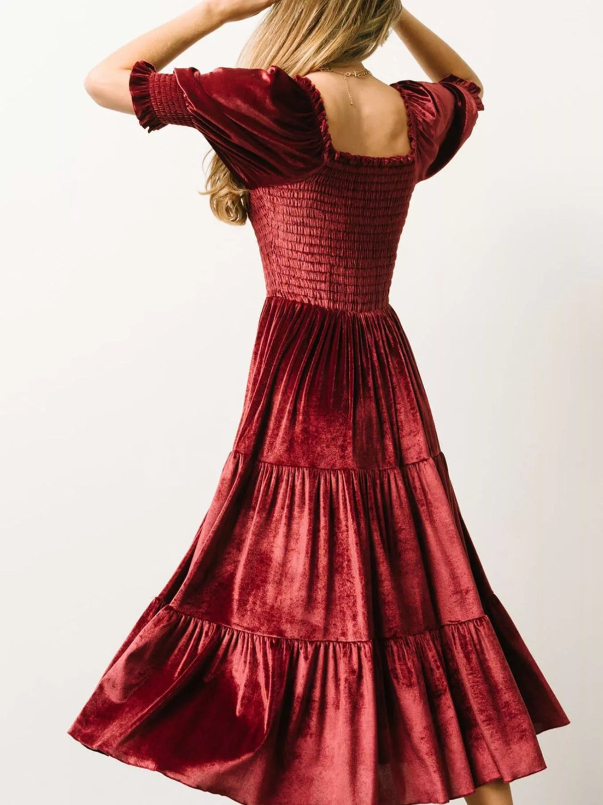 Smocked Tiered Velvet Midi Dress