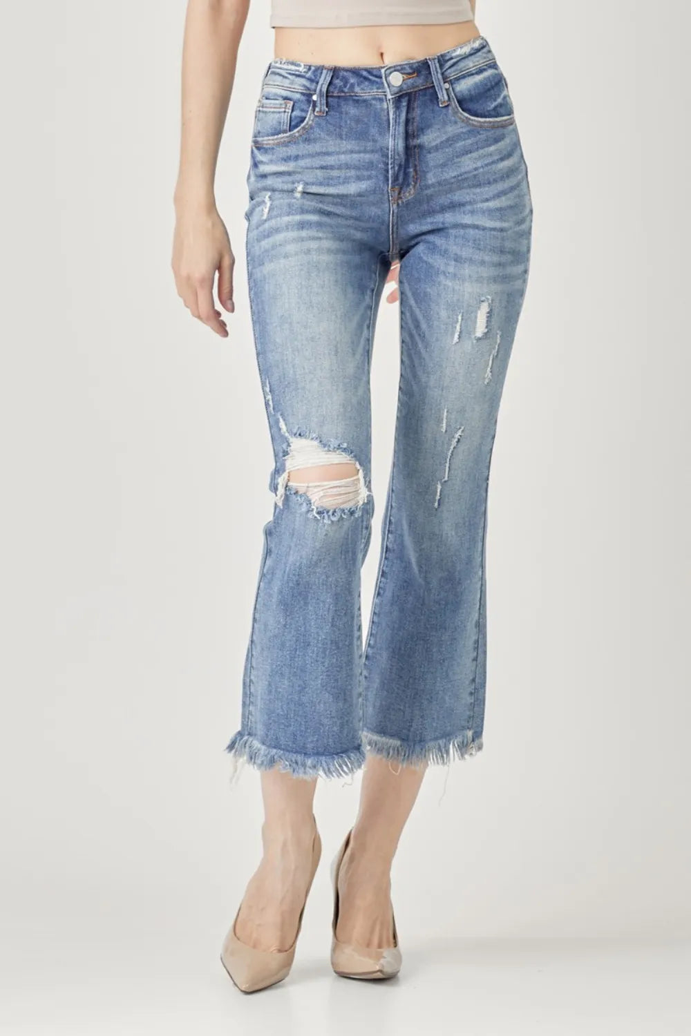 Risen High Waist Distressed Cropped Bootcut Jeans in Dark