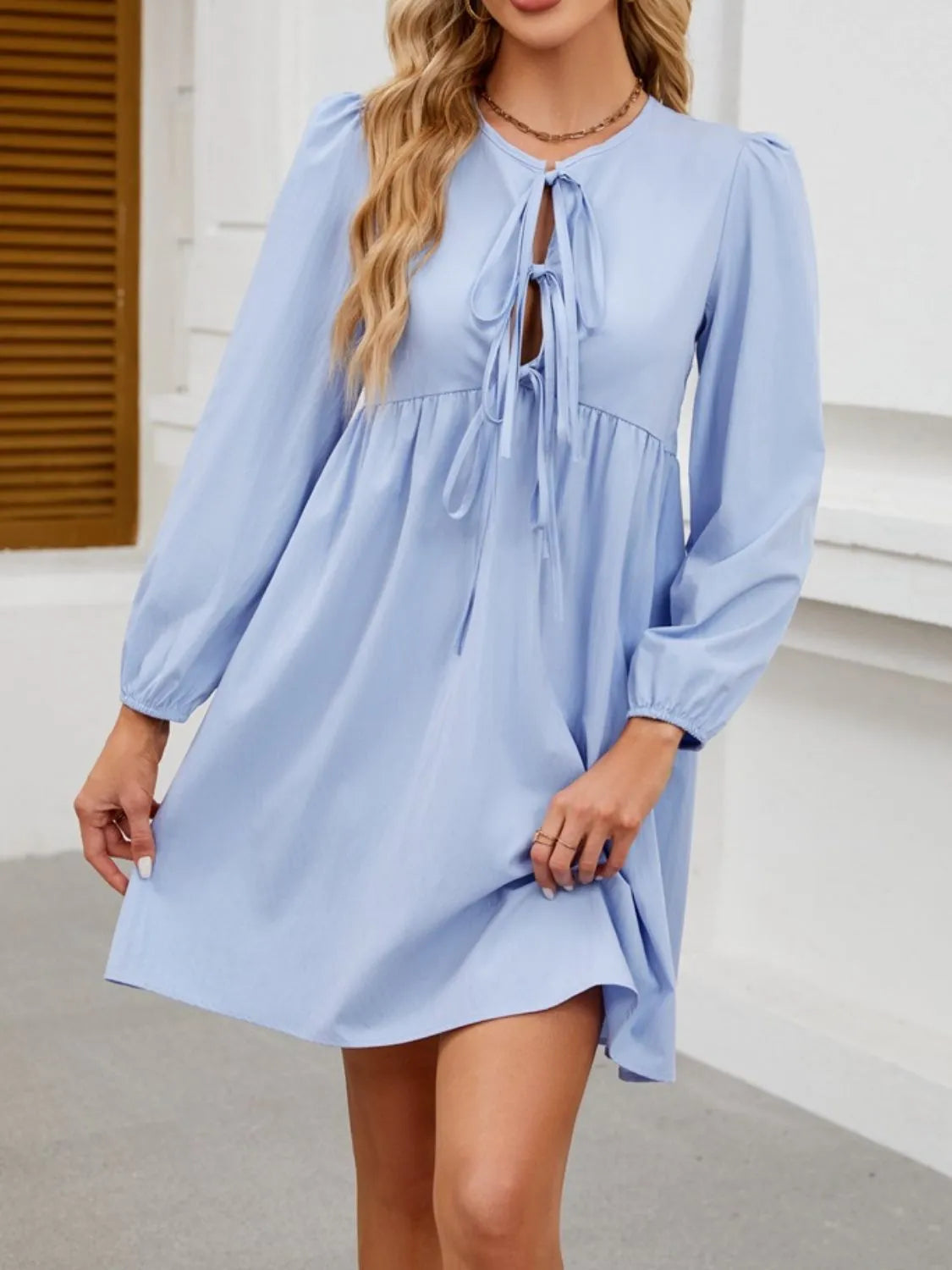 Tie Front Long Sleeve Mini Dress by Gen Beauty