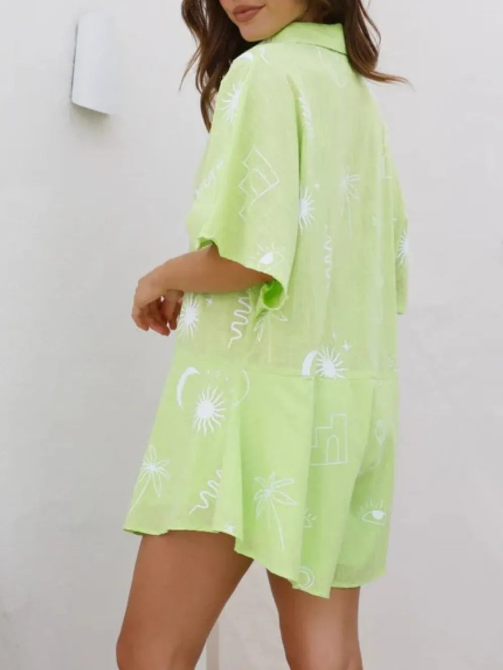 Collared Half-Sleeve Romper in Light Green