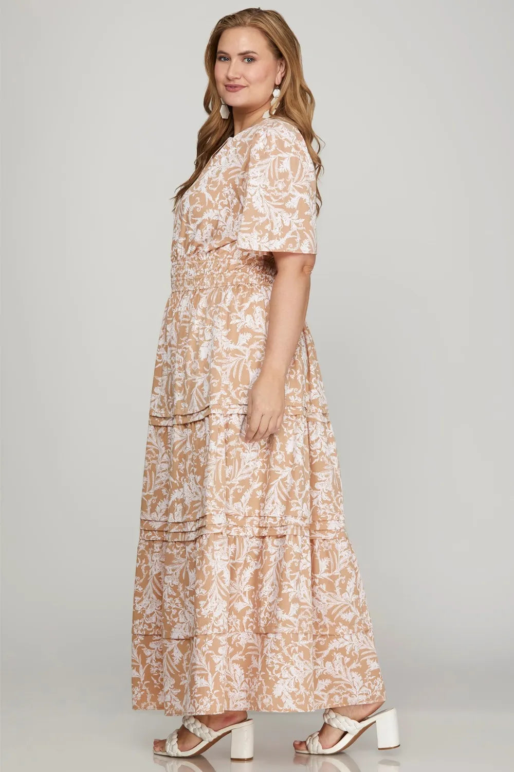 Printed Notched Tiered Maxi Dress in Apricot