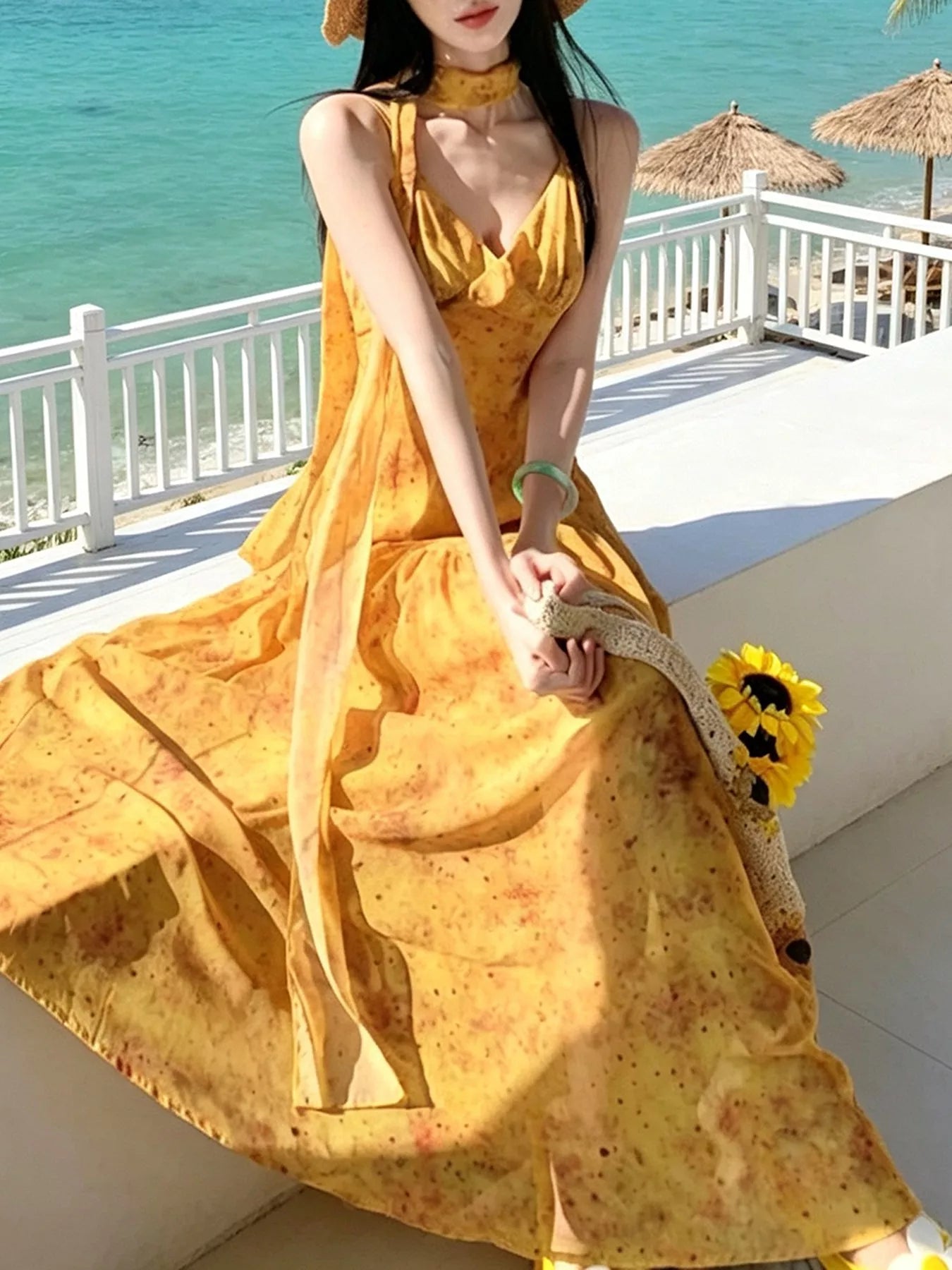 Floral V-Neck Cami Dress in Yellow